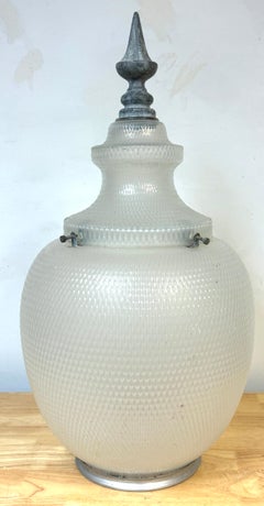 Massive Antique Textured Opaque Glass & Zinc Lantern/ Street Lamp Shade
