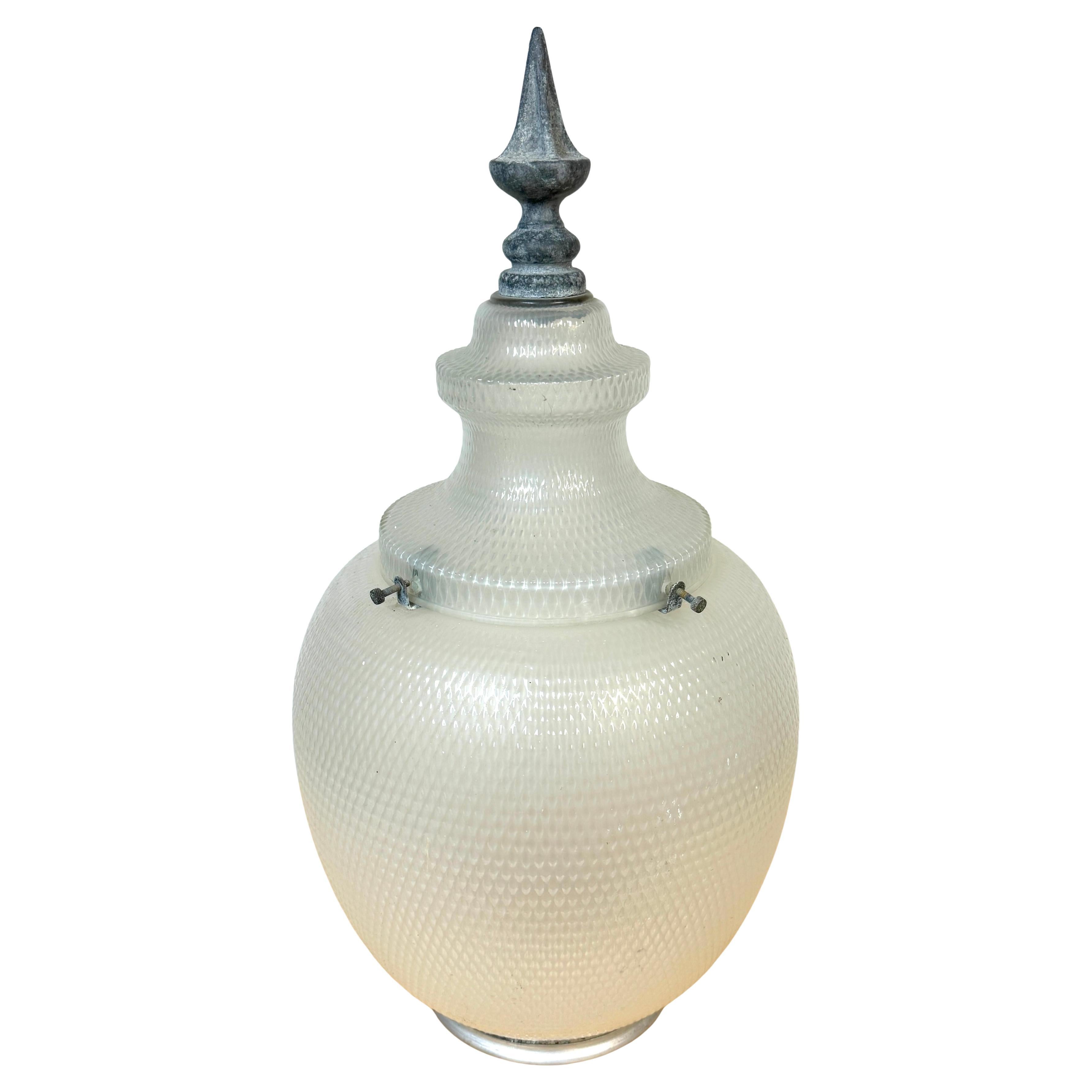 Massive Antique Textured Opaque Glass and Zinc Lantern Street Lamp Shade