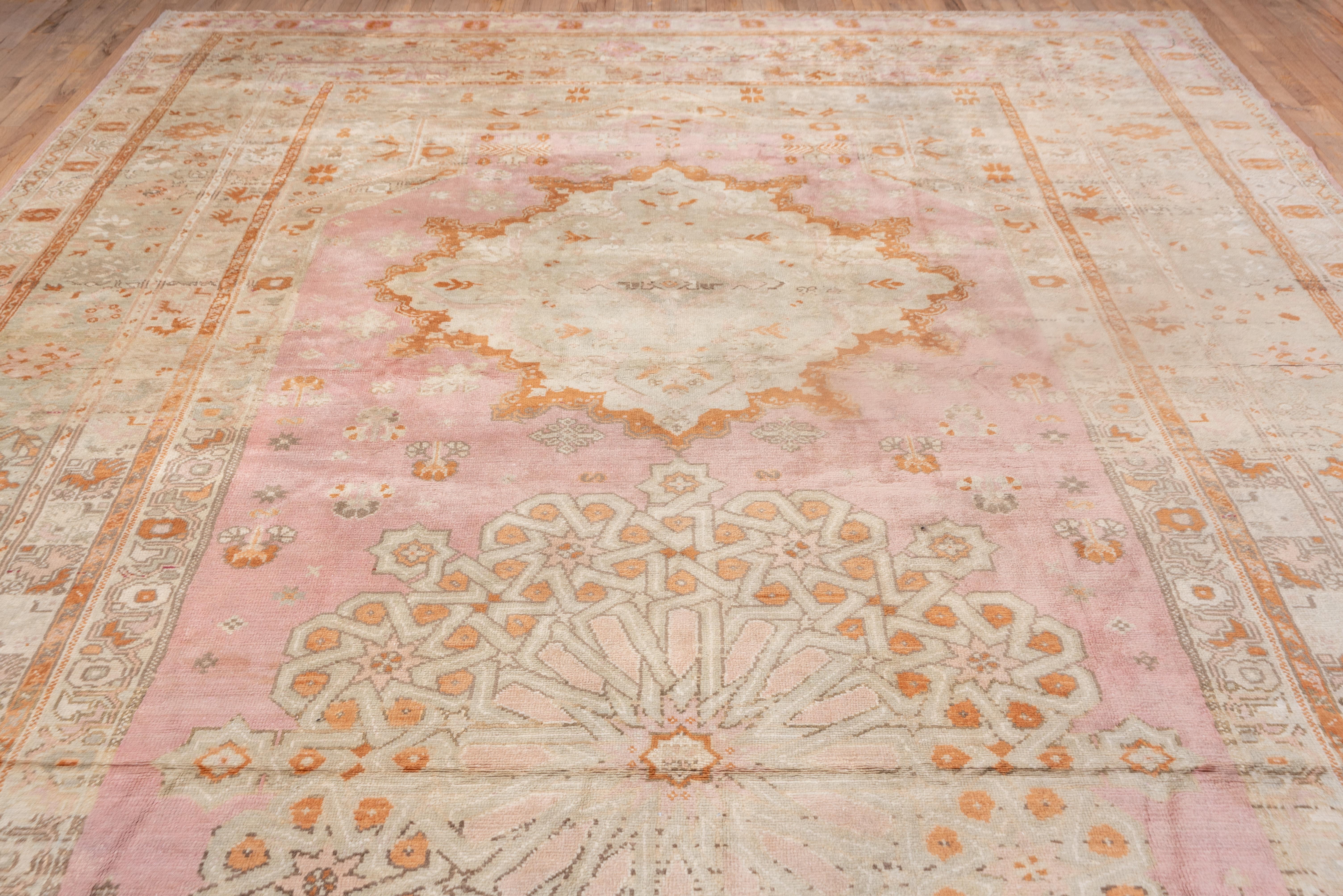 Hand-Knotted Massive Antique Turkish Oushak Mansion Carpet, Pink, Ivory & Orange Tones