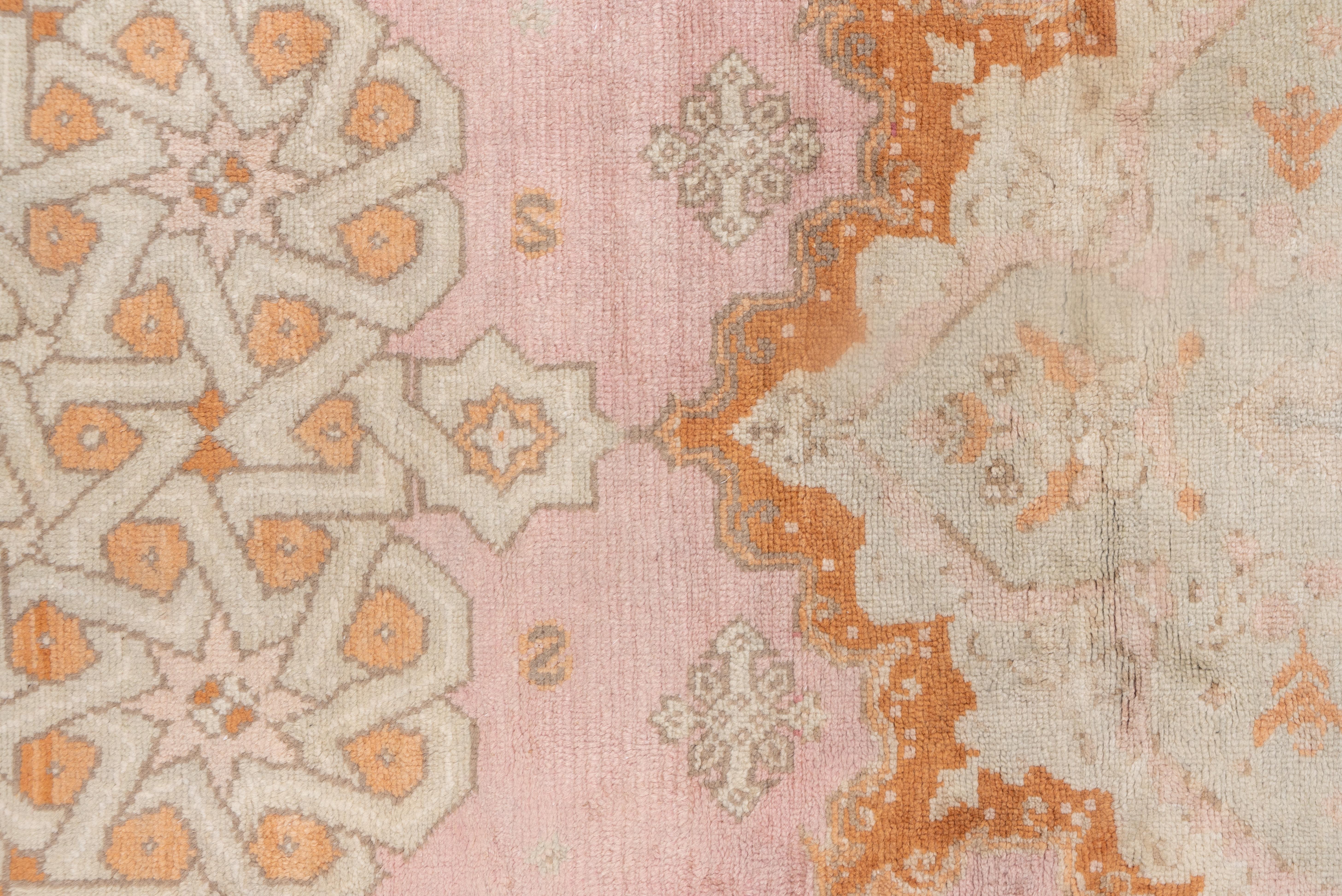 Early 20th Century Massive Antique Turkish Oushak Mansion Carpet, Pink, Ivory & Orange Tones For Sale
