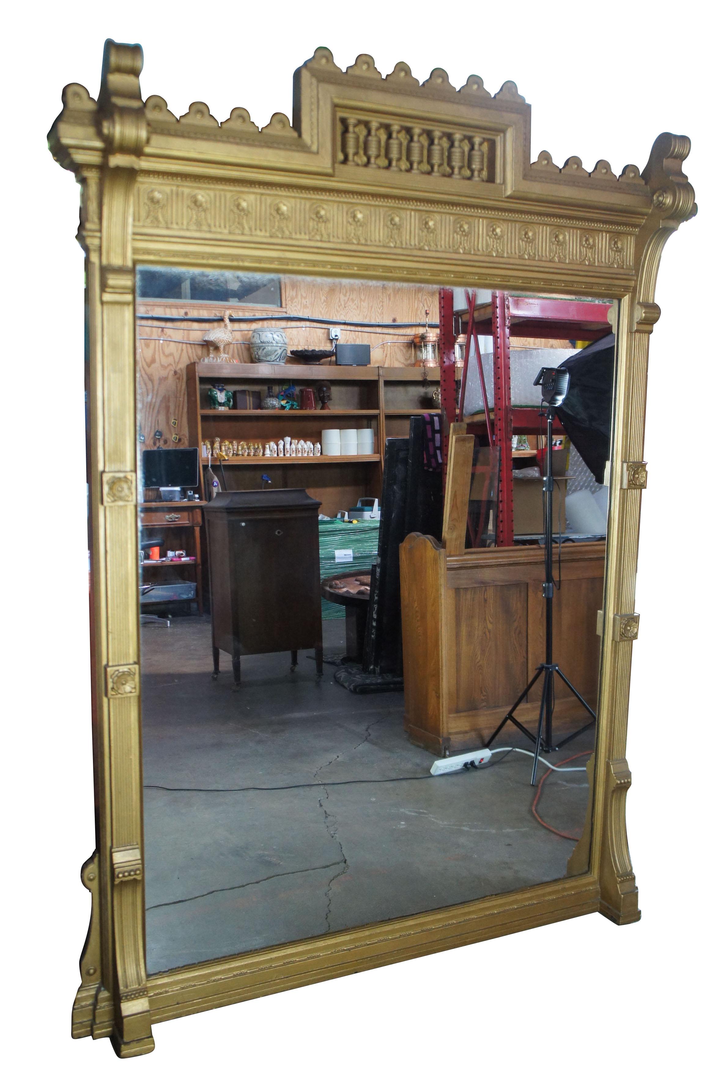 Massive antique Victorian Eastlake pier hall mirror carved floral gold 7'5