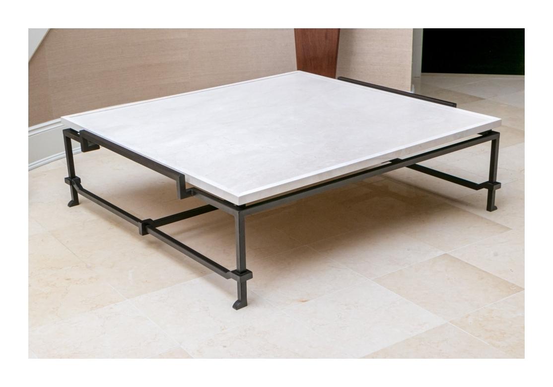 Mid-Century Modern Massive Architectural Iron and Travertine Cocktail Table For Sale