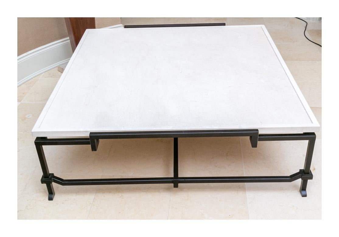 Polished Massive Architectural Iron and Travertine Cocktail Table For Sale