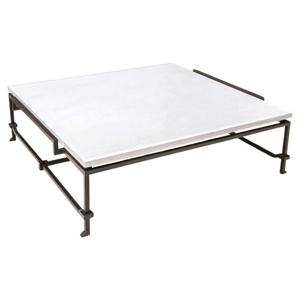 Massive Architectural Iron and Travertine Cocktail Table For Sale