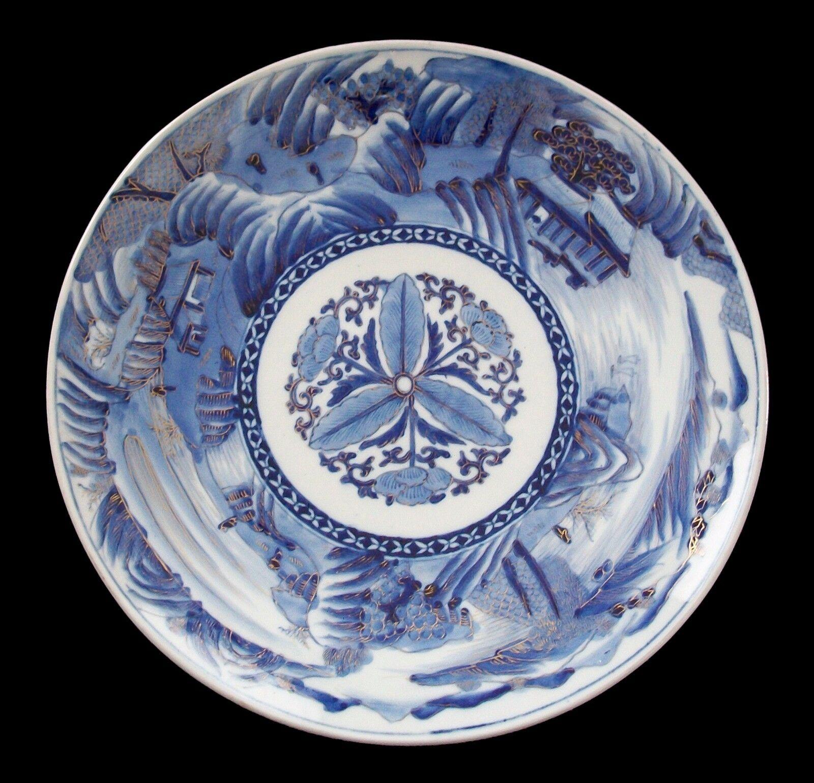 Anglo-Japanese Massive Arita Blue & White Charger - Hand Painted/Gilded - Japan - 20th Century For Sale