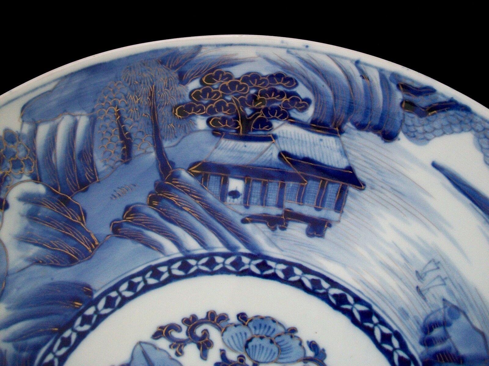 Massive Arita Blue & White Charger - Hand Painted/Gilded - Japan - 20th Century In Good Condition For Sale In Chatham, ON