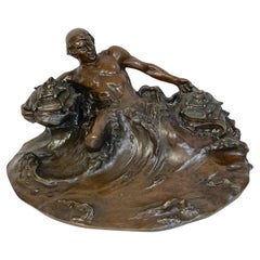 Tintero masivo Art Nouveau de bronce Poseidón, de Hans Müller