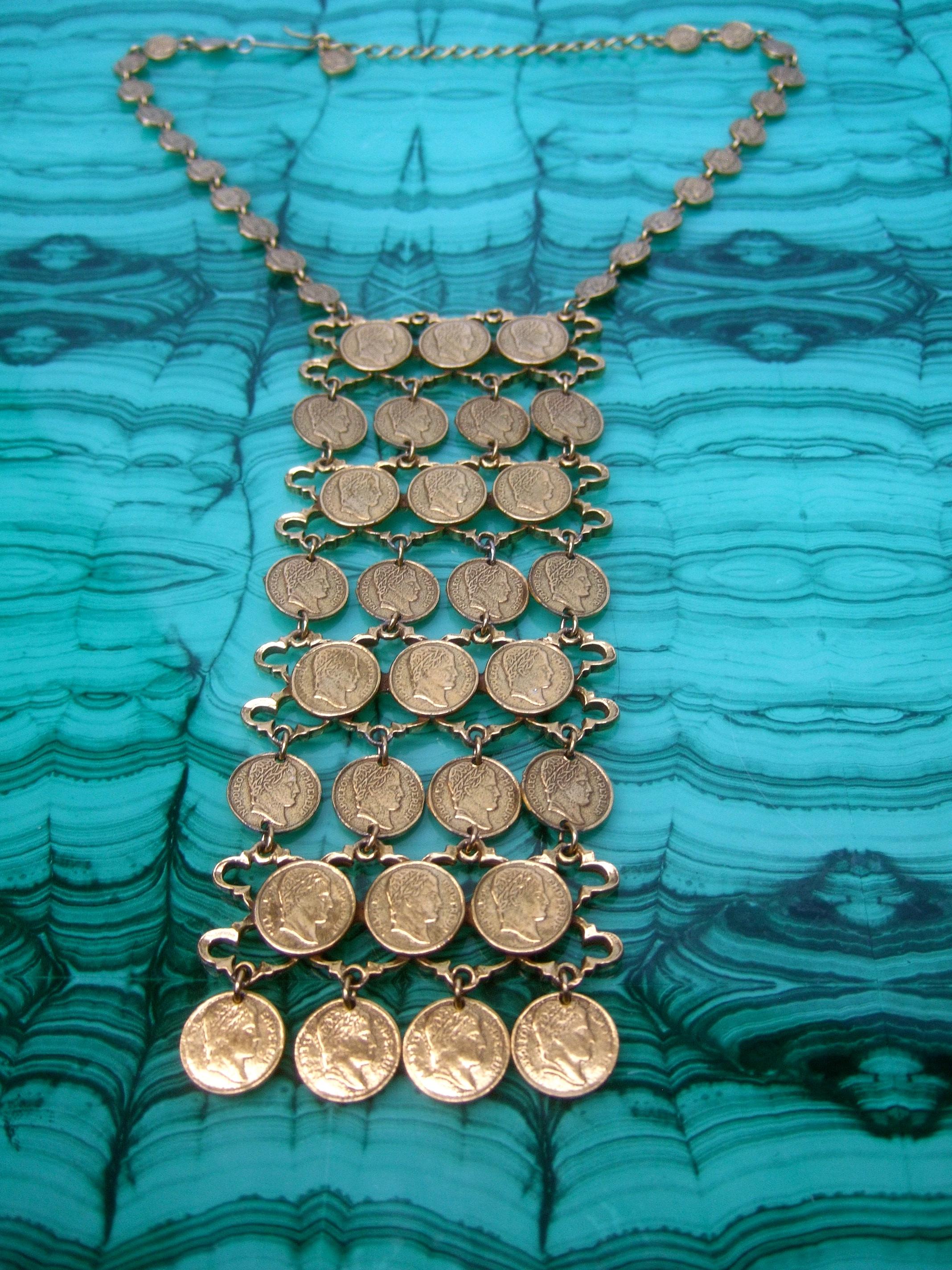 Massive Articulated Gilt Metal Coin Bib Necklace circa 1970s For Sale 6