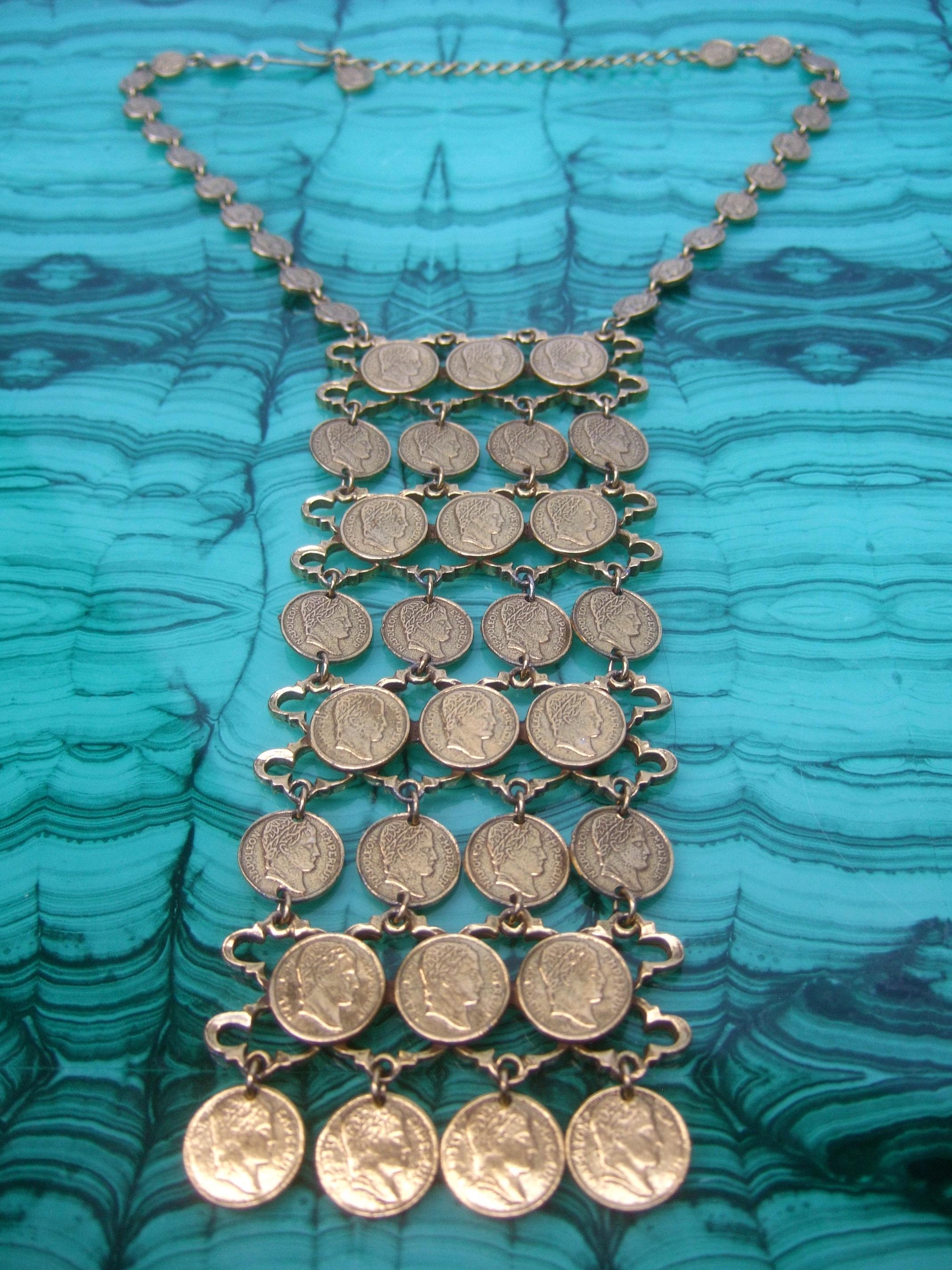 Massive Articulated Gilt Metal Coin Bib Necklace circa 1970s For Sale 8