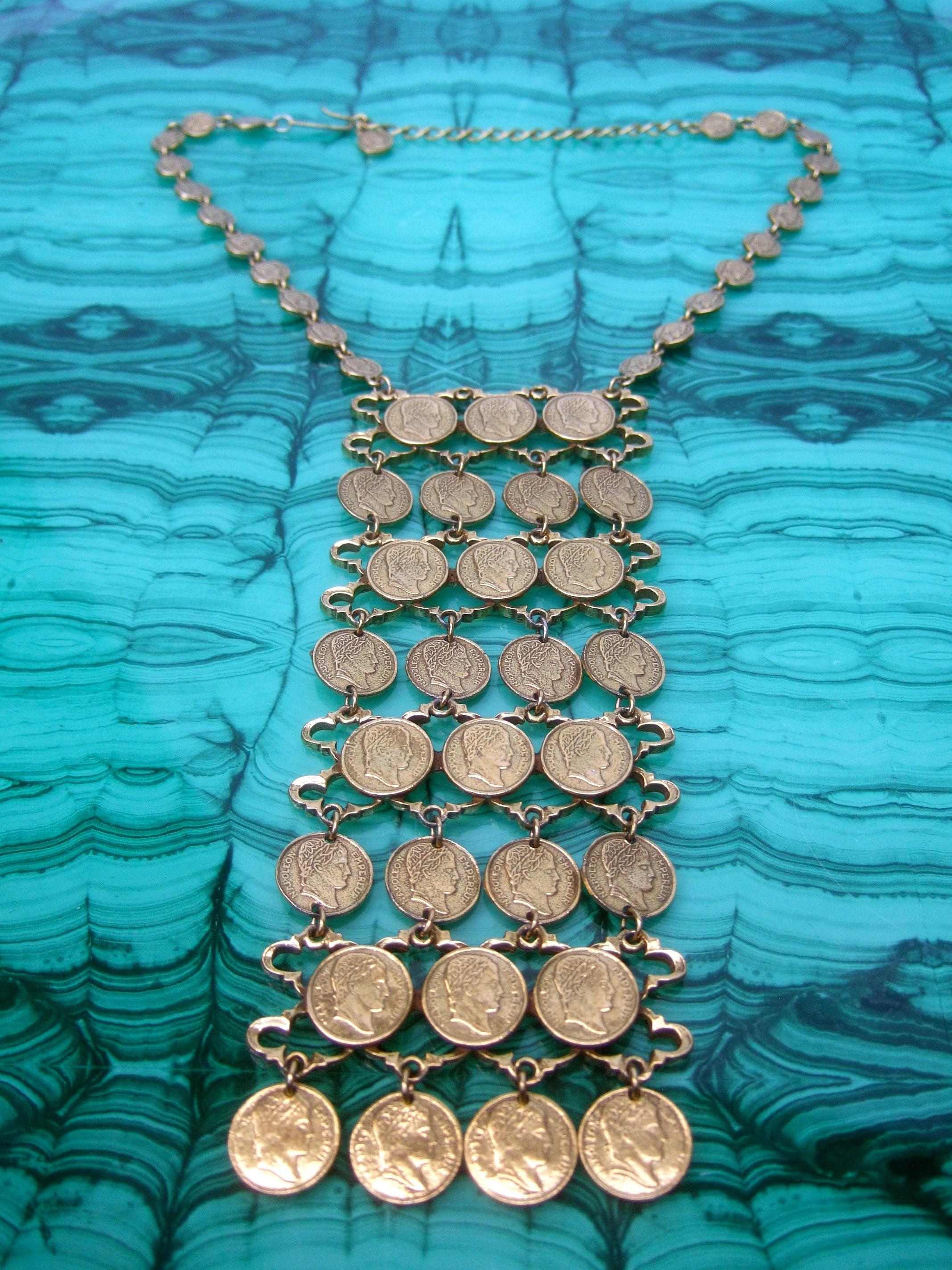 Massive Articulated Gilt Metal Coin Bib Necklace circa 1970s In Good Condition For Sale In University City, MO
