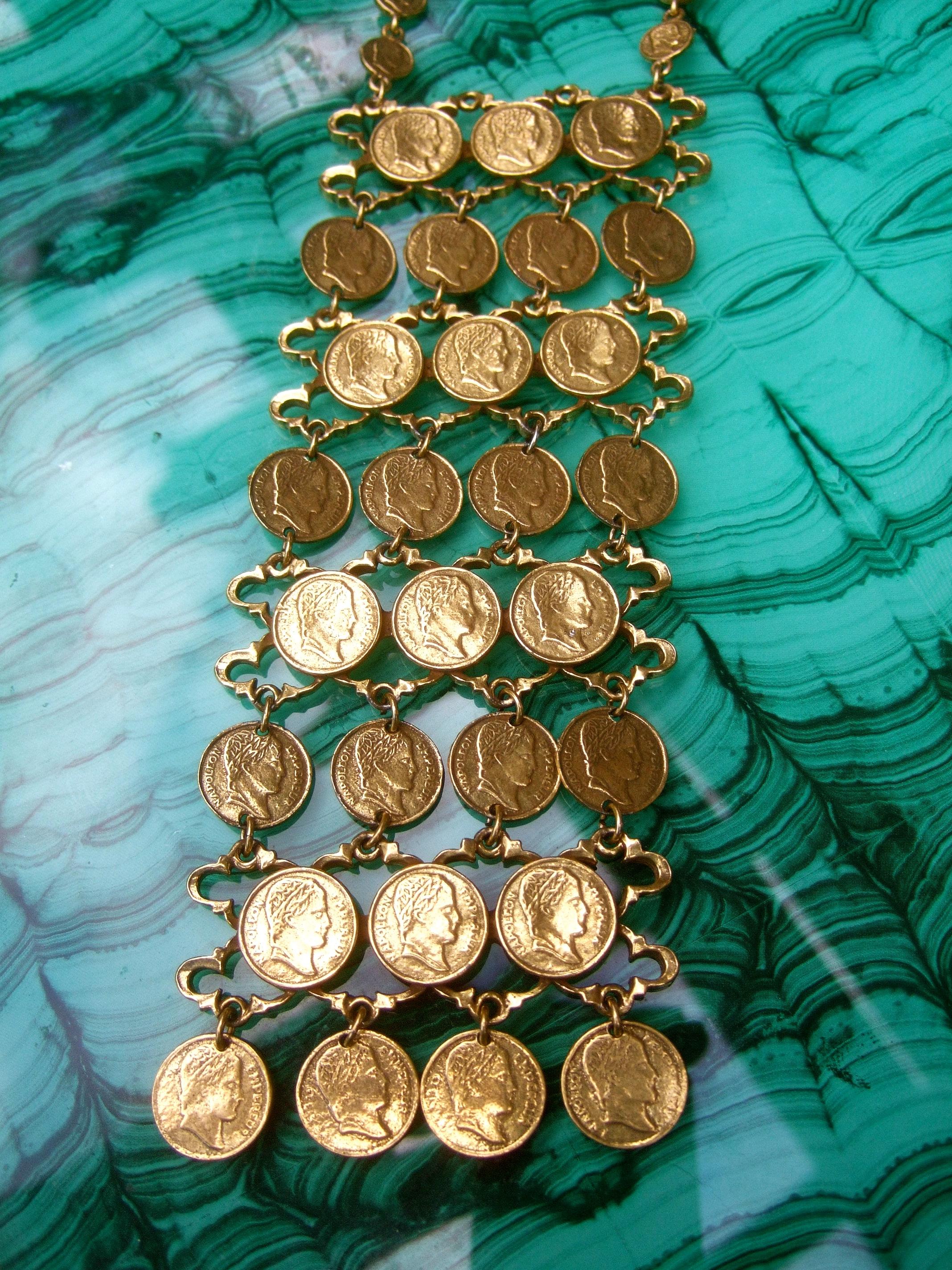 Massive Articulated Gilt Metal Coin Bib Necklace circa 1970s For Sale 1