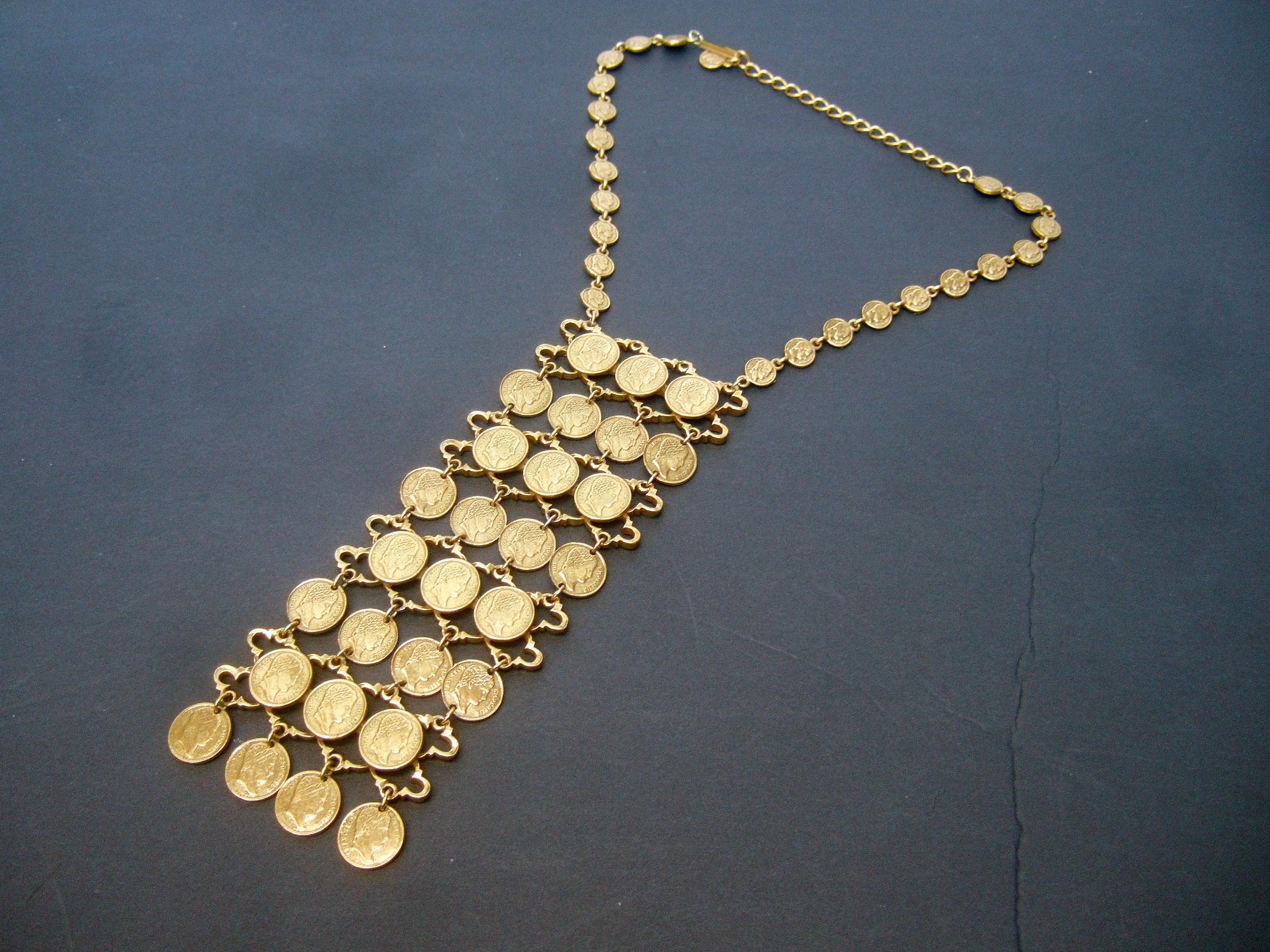 Massive Articulated Gilt Metal Coin Bib Necklace circa 1970s For Sale 2