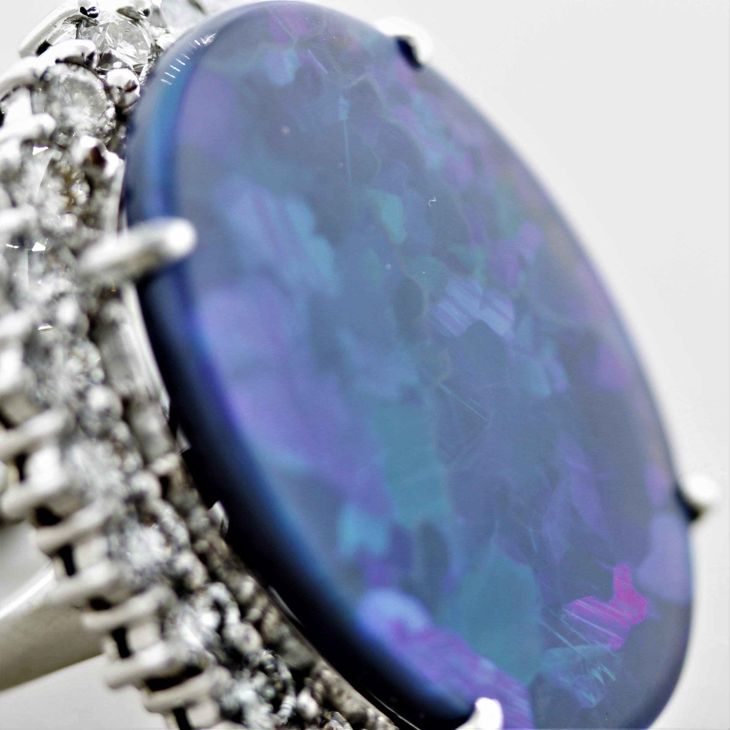 Massive Australian Black Opal Diamond Halo Platinum Cocktail Ring In New Condition For Sale In Beverly Hills, CA