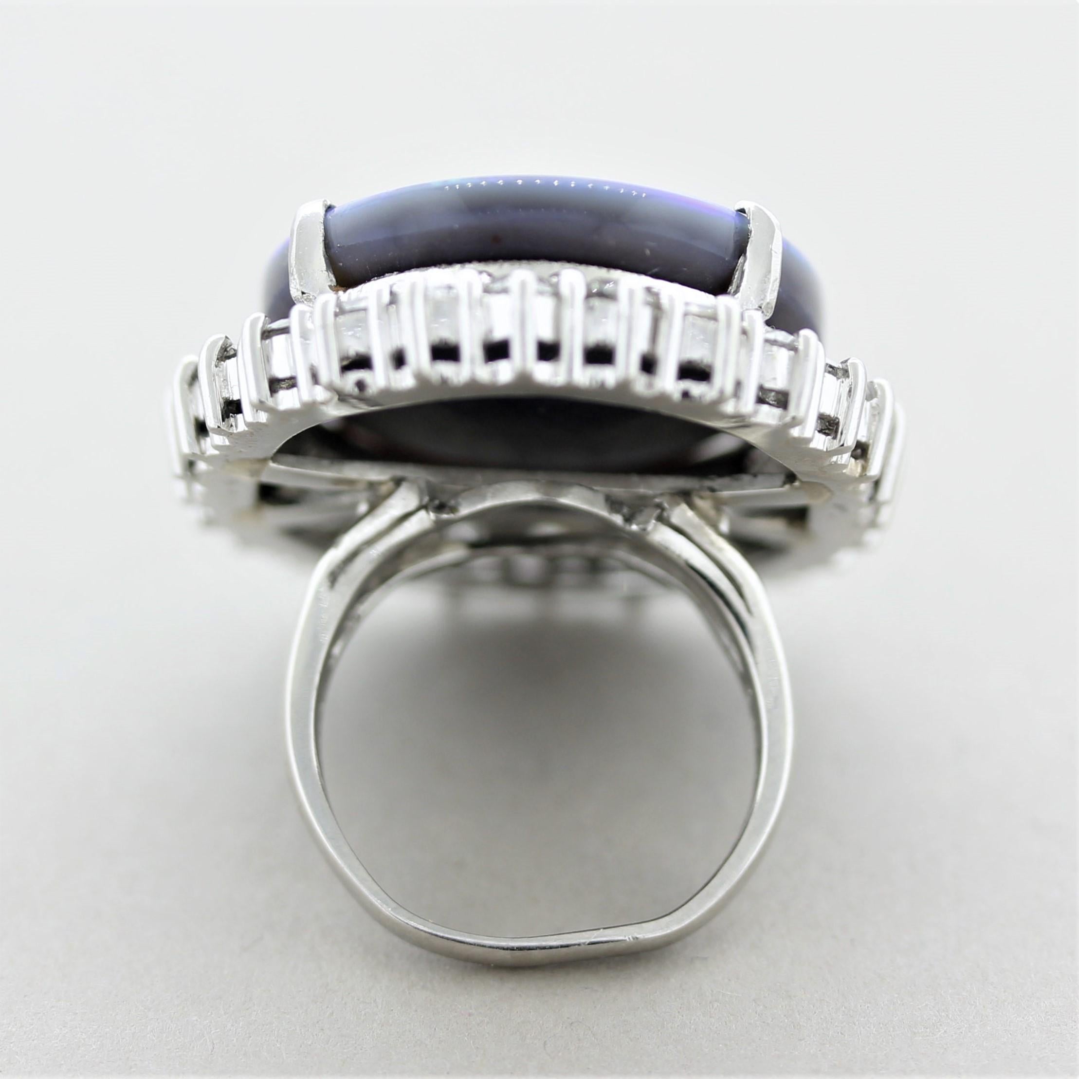 Massive Australian Black Opal Diamond Halo Platinum Cocktail Ring For Sale 2