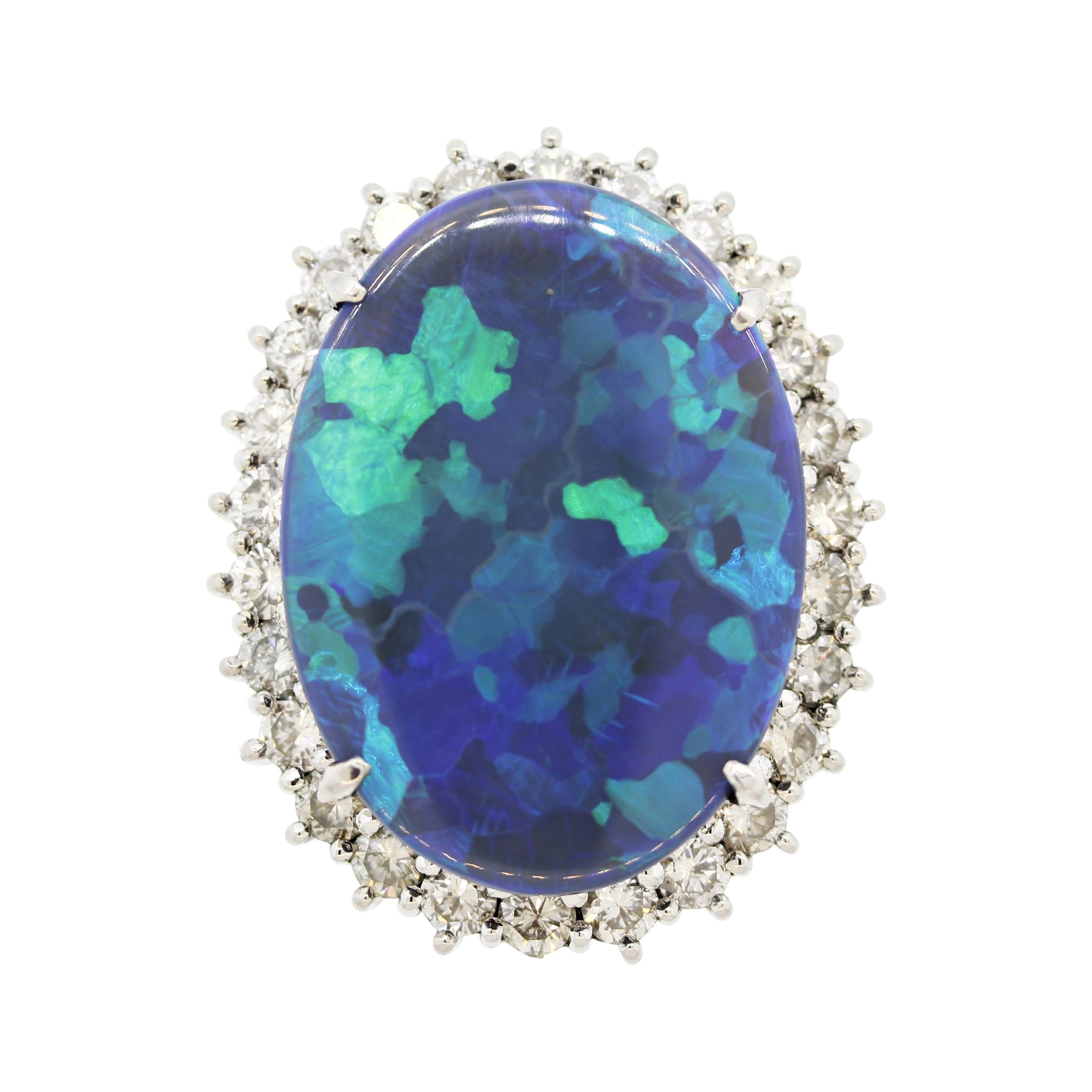 Massive Australian Black Opal Diamond Halo Platinum Cocktail Ring For Sale