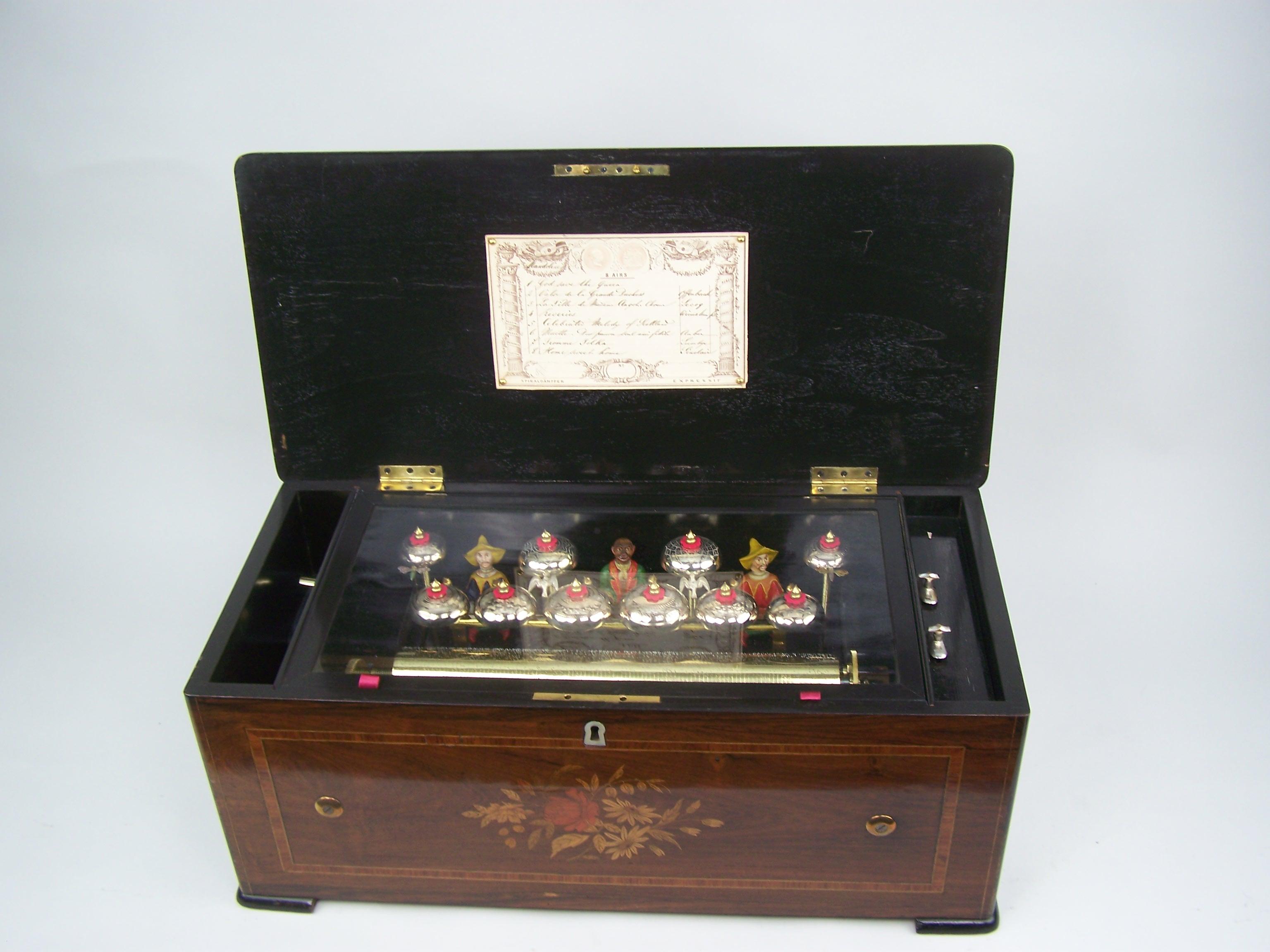 Woodwork Music Box with Automatons and Bells made by Karrer For Sale