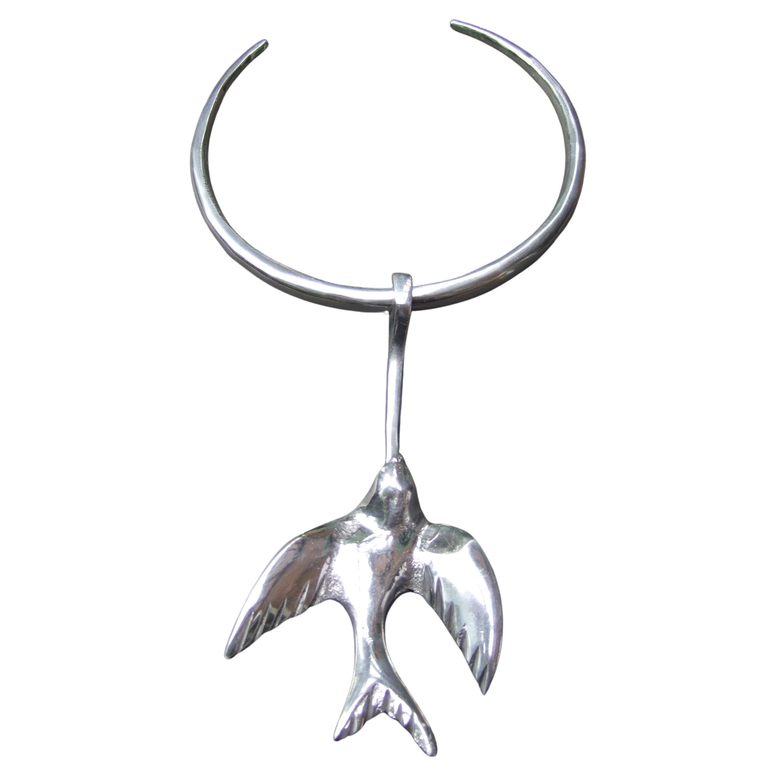 Massive Avant-garde Silver Metal Bird Design Articulated Choker Necklace c 1970s For Sale