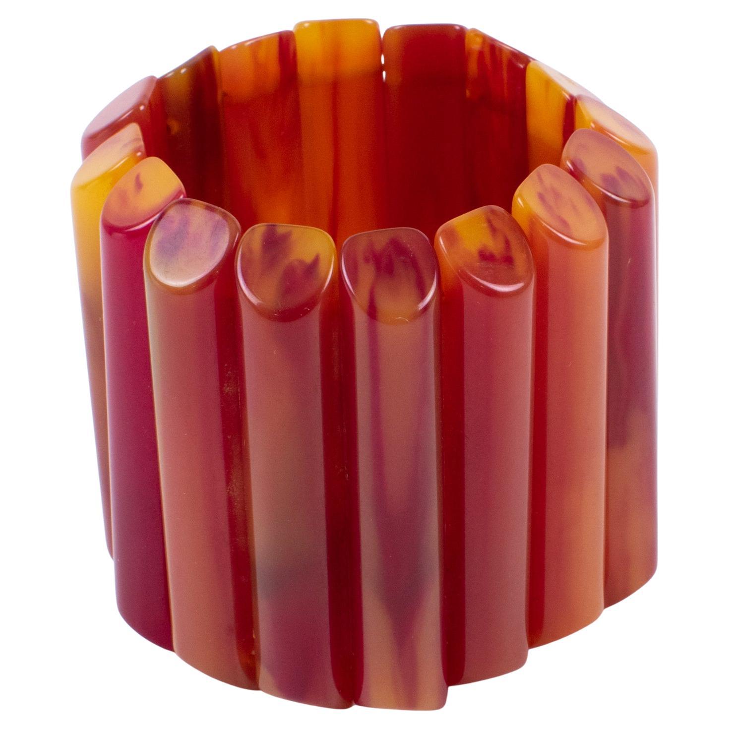 Massive Bakelite Stretch Bracelet Bangle Pink Fuchsia and Yellow Marble For Sale