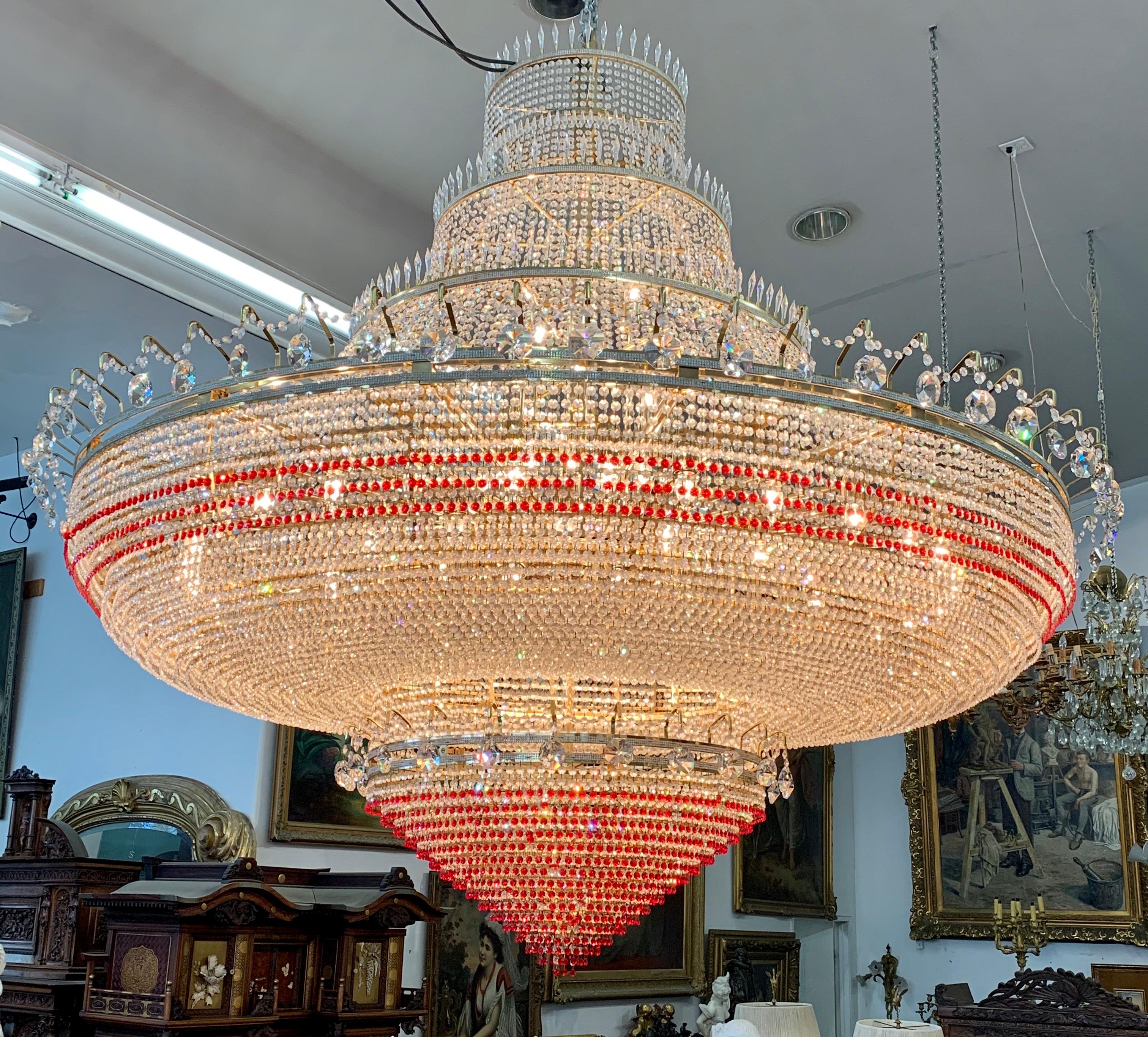Monumental Red and Clear Crystal Ballroom Chandelier 7 feet x 7 feet For Sale 1