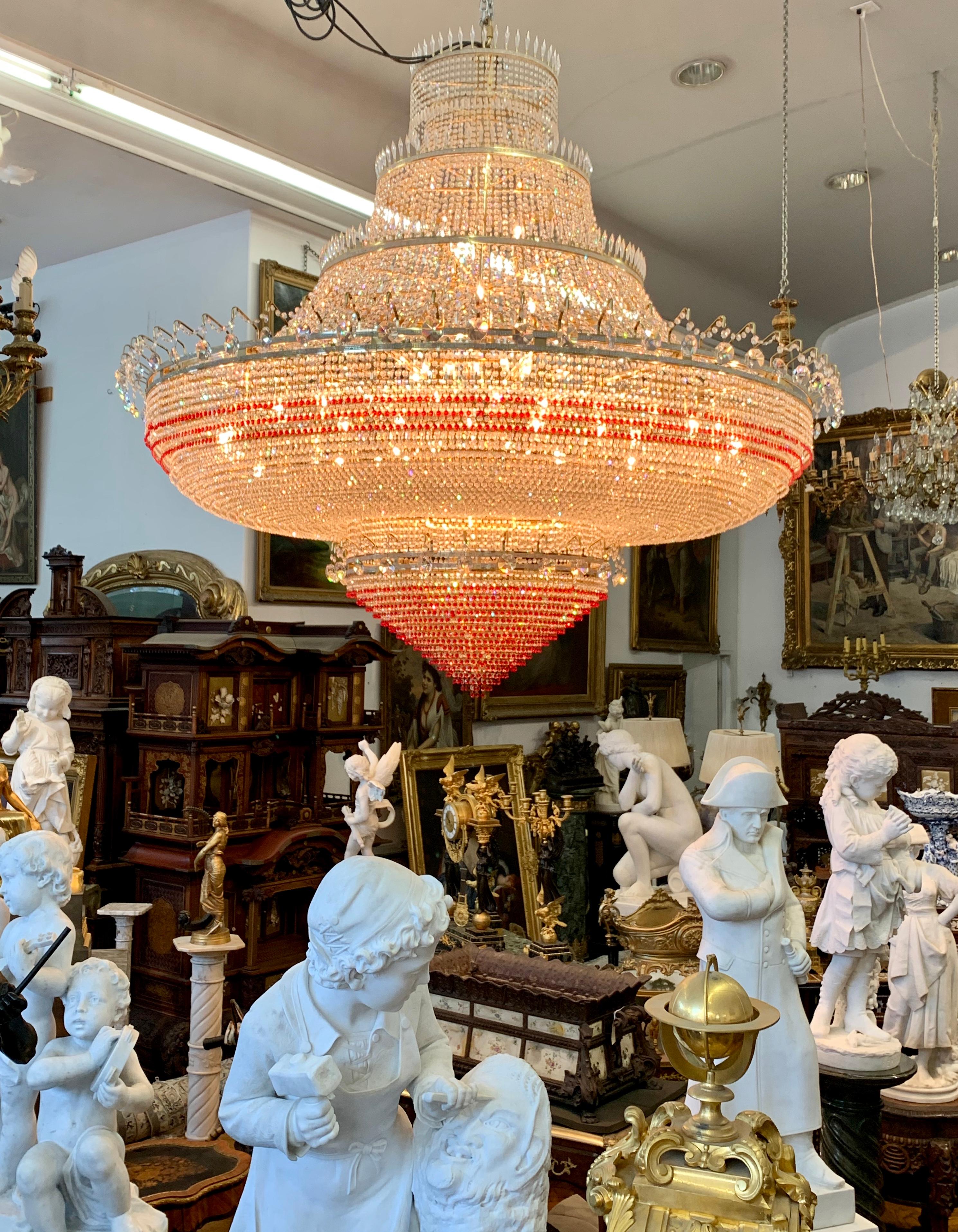 20th Century Monumental Red and Clear Crystal Ballroom Chandelier 7 feet x 7 feet For Sale