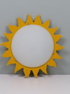 Massive Belgium '70s Sunburst Ceiling Fixture in Glass and Yellow Lacquered Wood