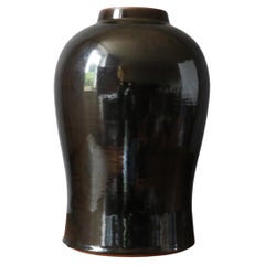 Large Ceramic Vase by Marc Uzan, Black Tenmoku Glaze and Brown Rim, circa 2000