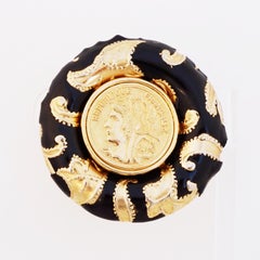 Massive Black Enamel Baroque Earrings With French Coins By RJ Graziano, 1980s