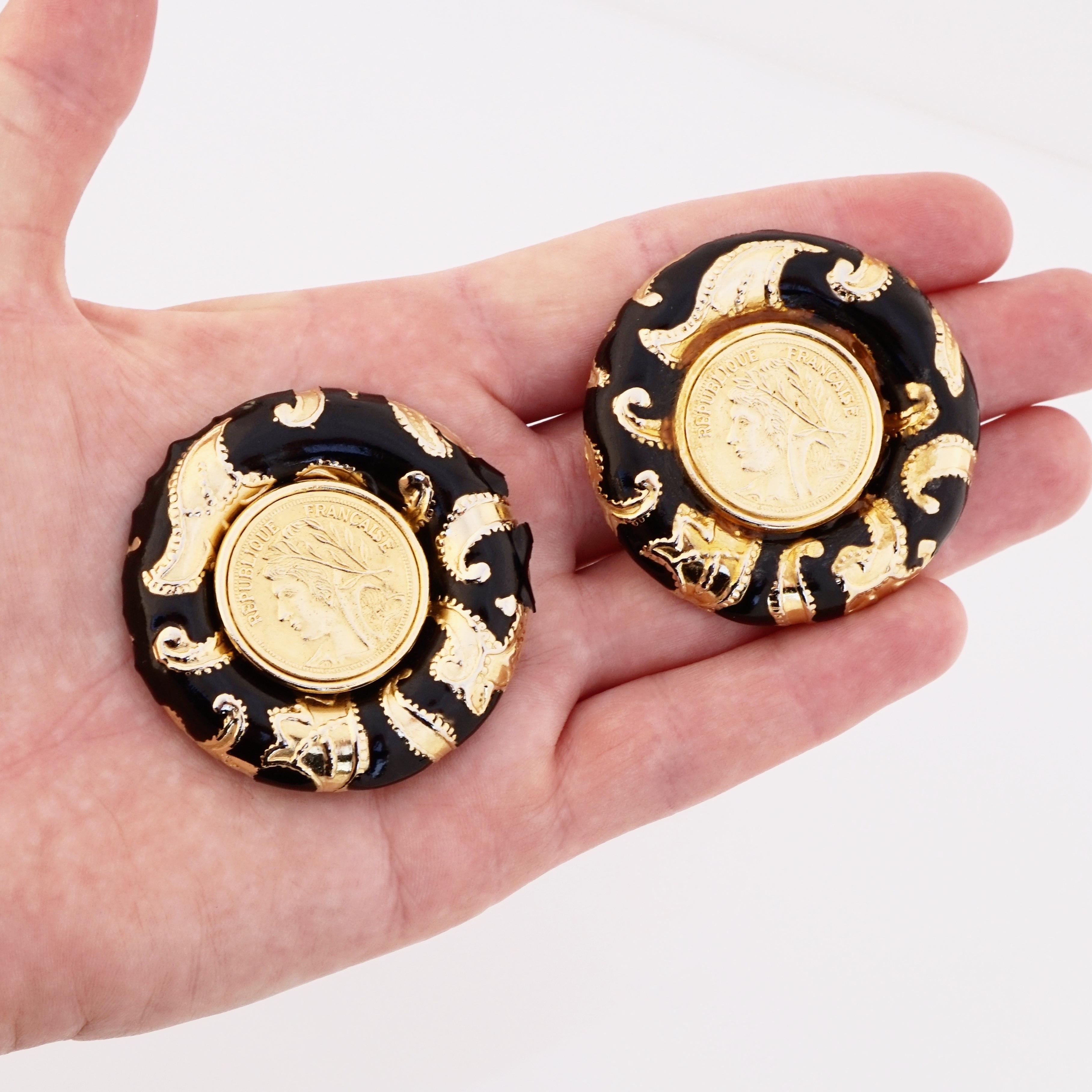 Modern Massive Black Enamel Baroque Earrings With French Coins By RJ Graziano, 1980s For Sale
