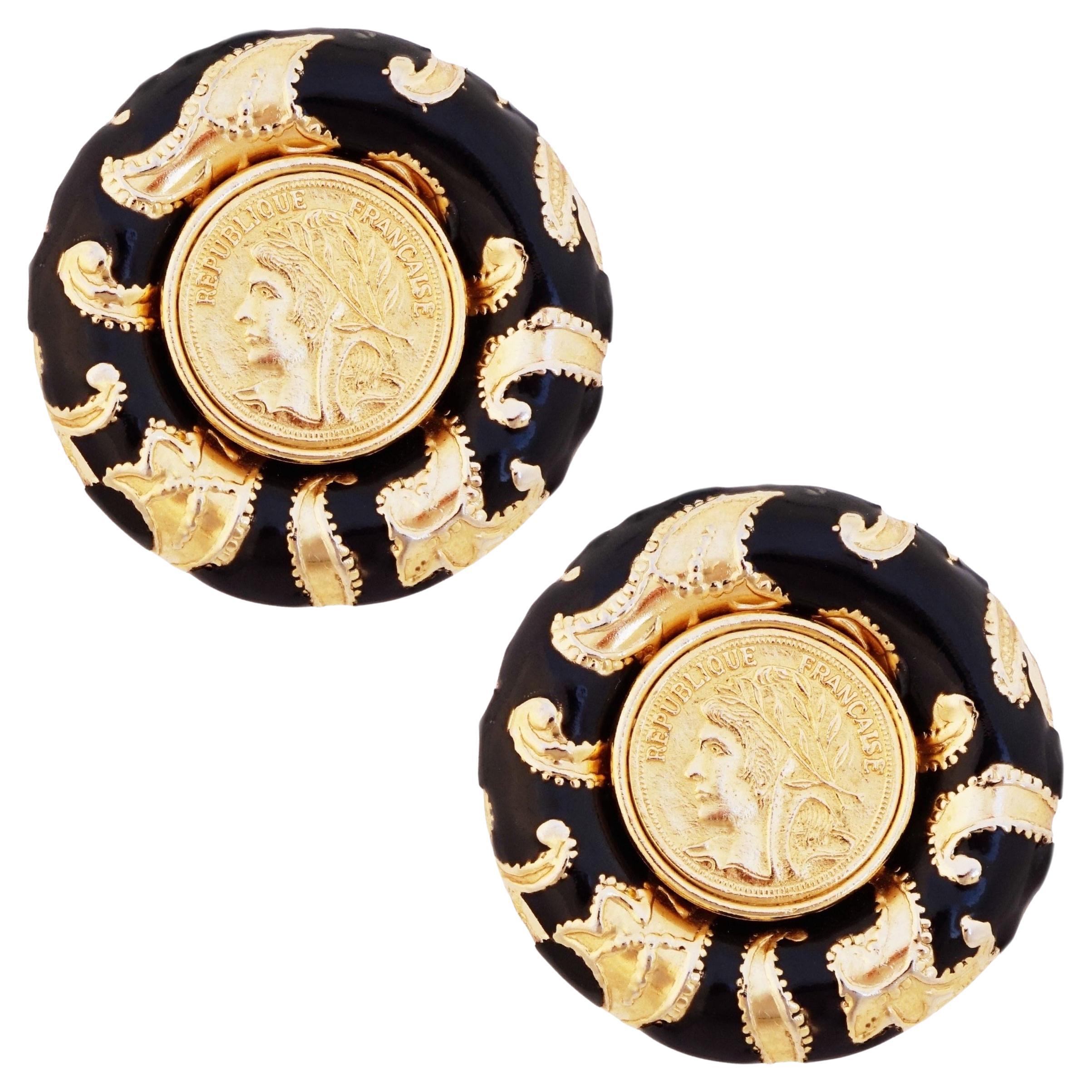 Massive Black Enamel Baroque Earrings With French Coins By RJ Graziano, 1980s For Sale