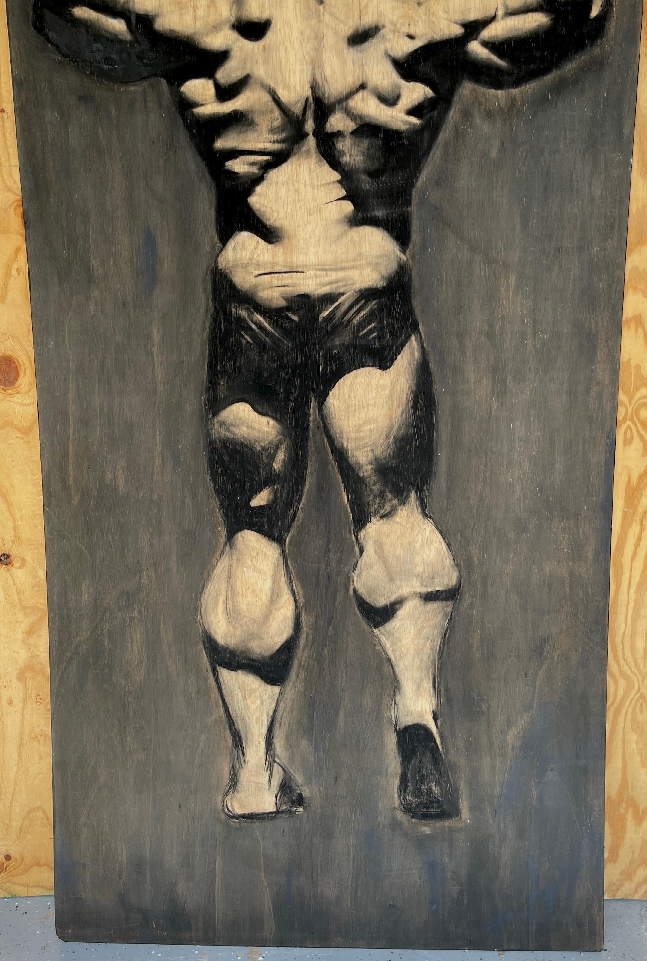 20th Century Massive Black & White Painting of Arnold Schwarzenegger's 'Back Double Biceps' For Sale