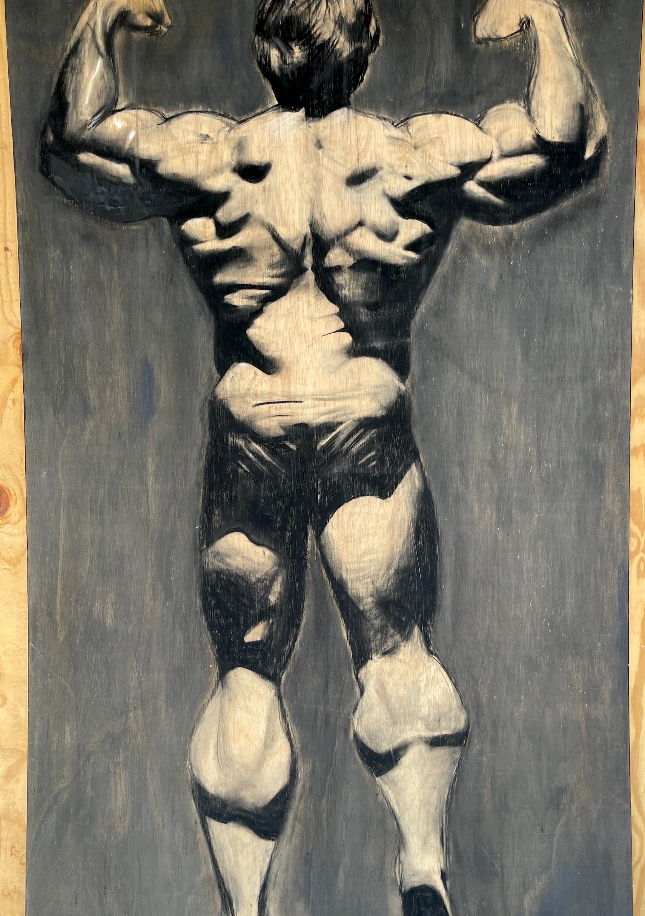 Plywood Massive Black & White Painting of Arnold Schwarzenegger's 'Back Double Biceps' For Sale