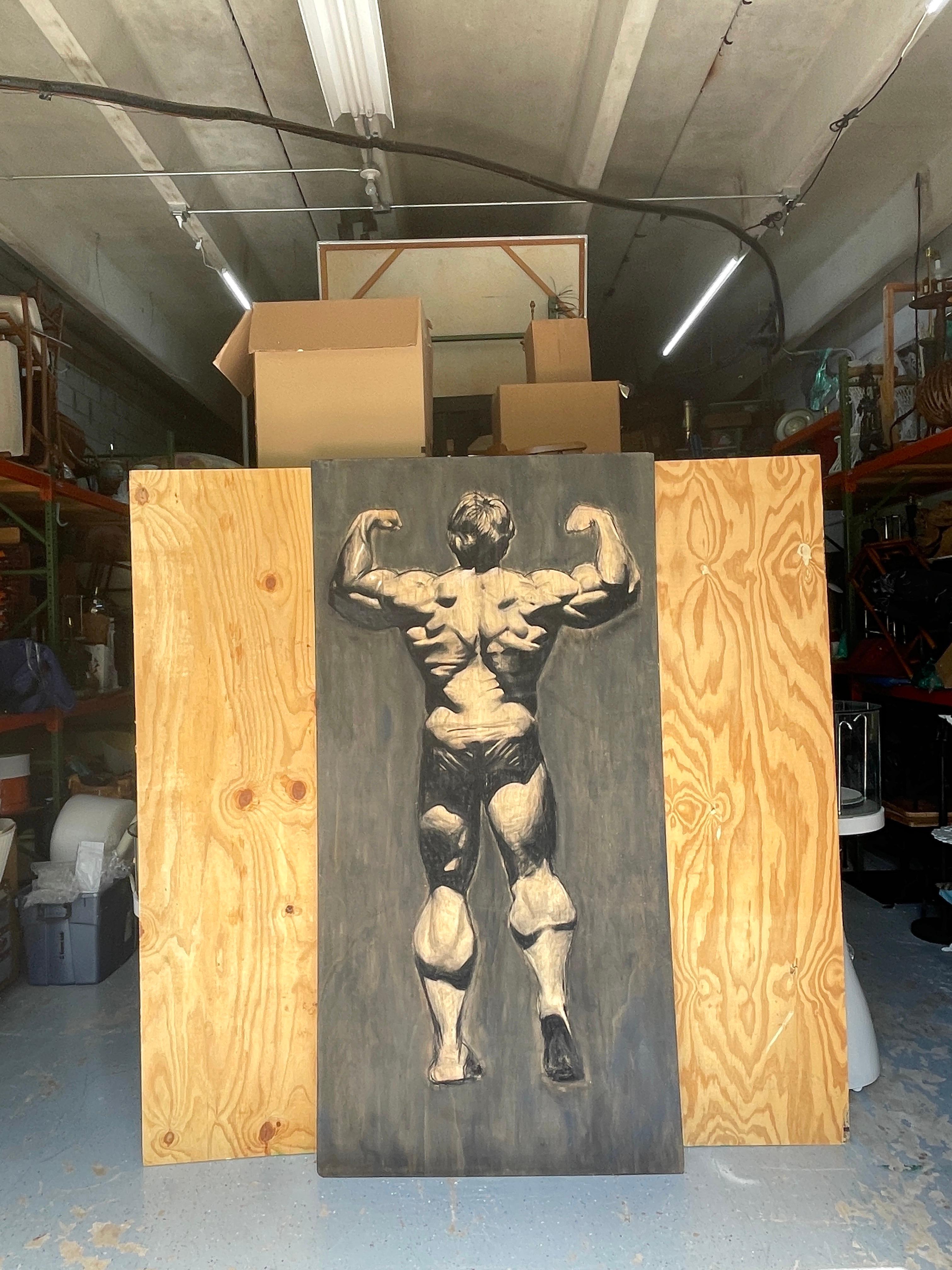 Massive Black & White Painting of Arnold Schwarzenegger's 'Back Double Biceps' For Sale 2