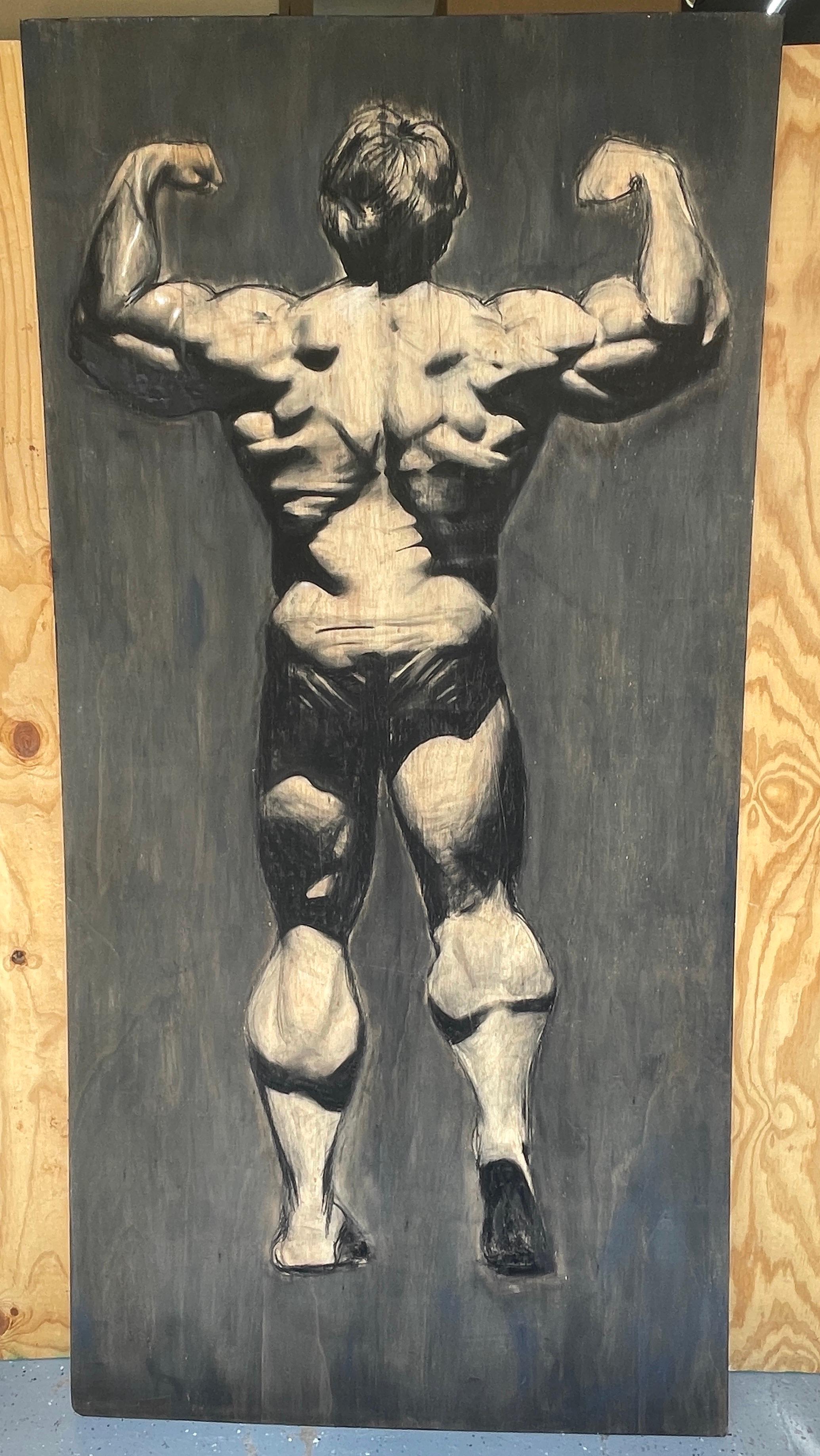 Massive Black & White Painting of Arnold Schwarzenegger's 'Back Double Biceps'
Unsigned, Painted on 4 x 8 foot Plywood, from Ecuador
Commissioned in the USA for a upscale gym in Miami, in the 1990s 

A monumental work, Realistically painted in