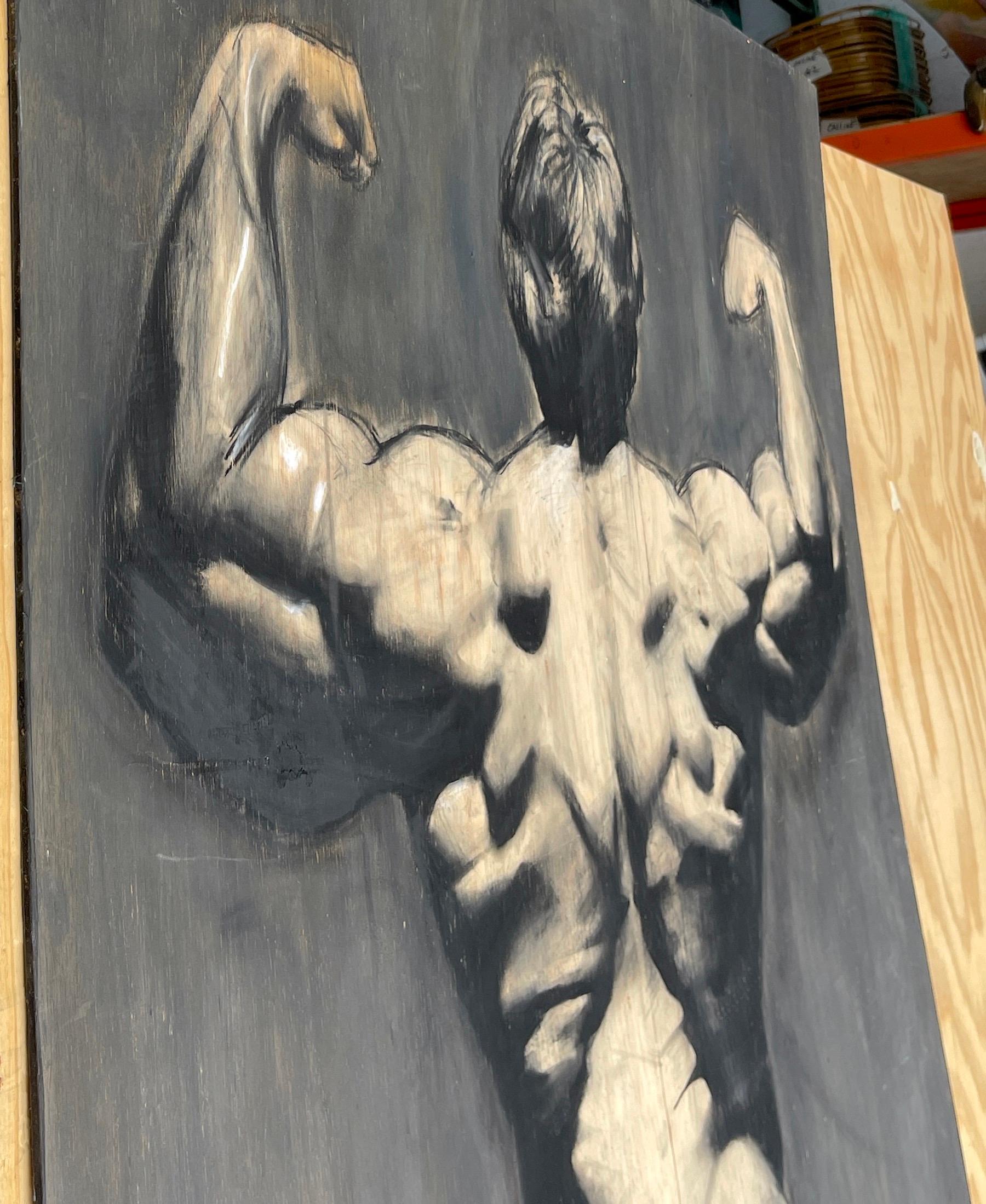 Modern Massive Black & White Painting of Arnold Schwarzenegger's 'Back Double Biceps' For Sale