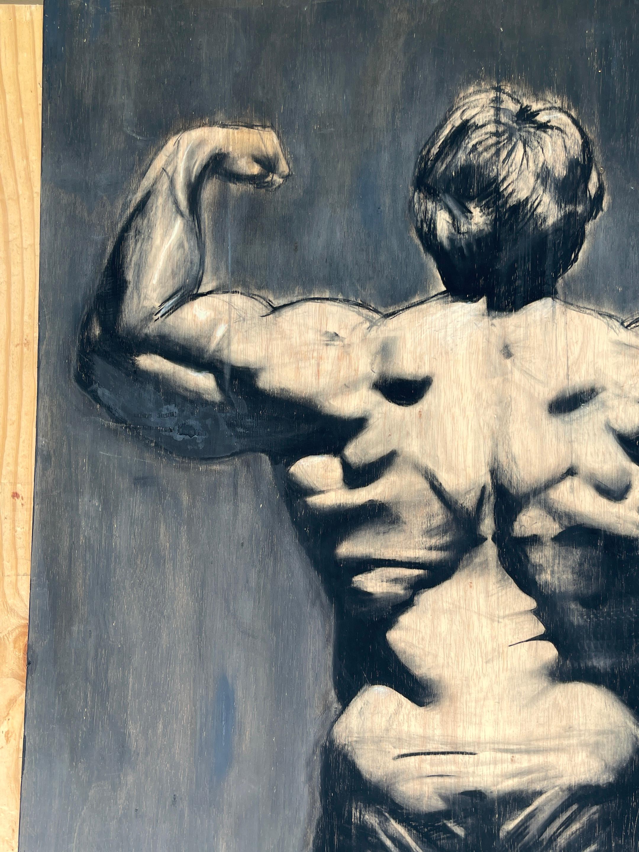 American Massive Black & White Painting of Arnold Schwarzenegger's 'Back Double Biceps' For Sale