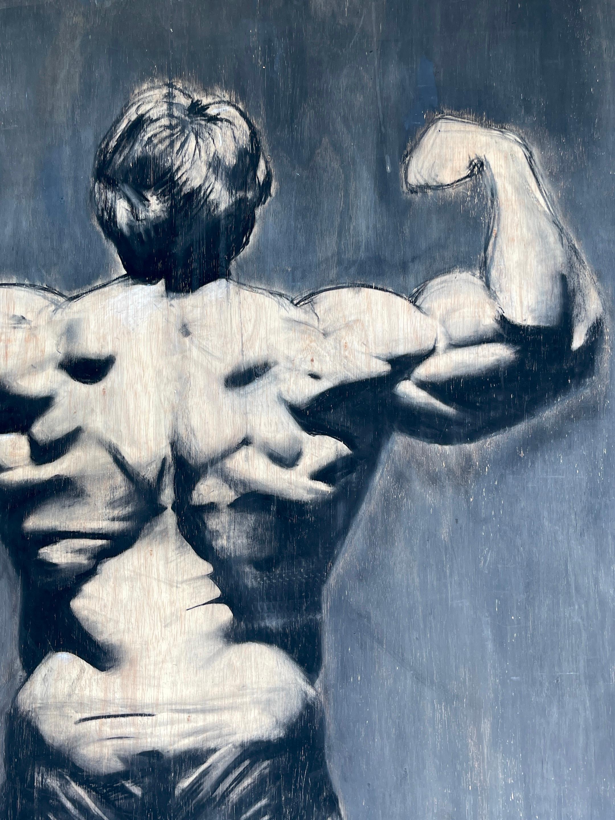 Hand-Painted Massive Black & White Painting of Arnold Schwarzenegger's 'Back Double Biceps' For Sale