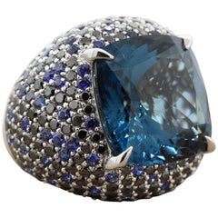 Massive Blue Topaz Sapphire Diamond Gold Cocktail Ring