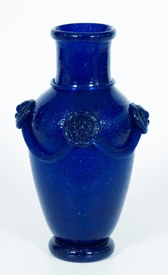 Massive Blue Vase in Blown Murano Glass Pulegoso Attributed to Martinuzzi, 1950s
