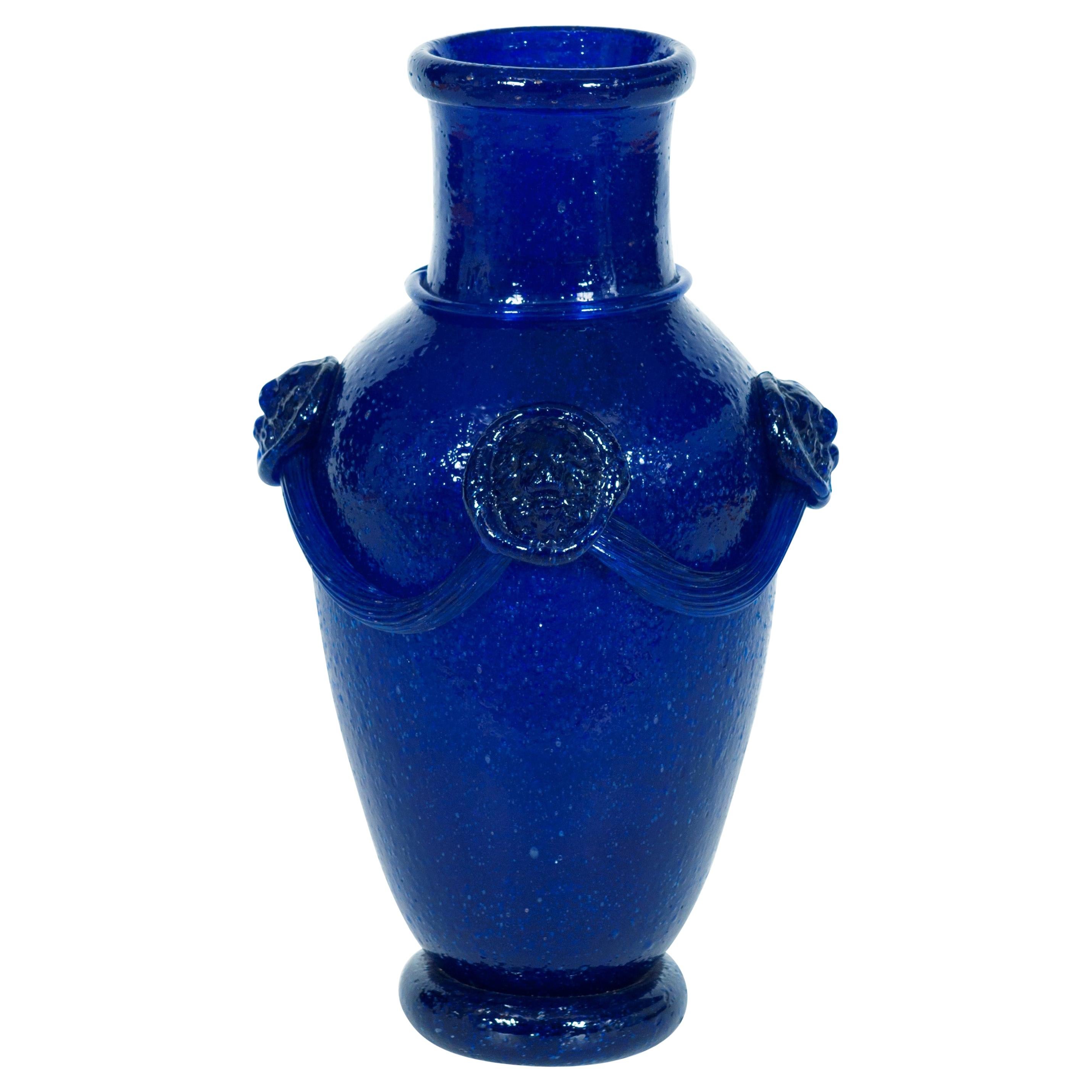 Massive Blue Vase in Blown Murano Glass Pulegoso Attributed to Martinuzzi, 1950s For Sale