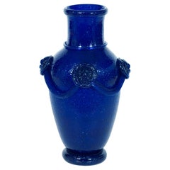 Massive Blue Vase in Blown Murano Glass Pulegoso Attributed to Martinuzzi, 1950s