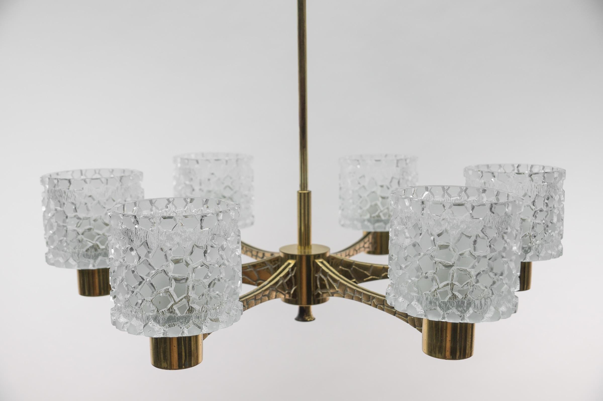 German Massive brass and crystal glass Mid-Century Modern 6-armed sputnik lamp, 1950s. For Sale