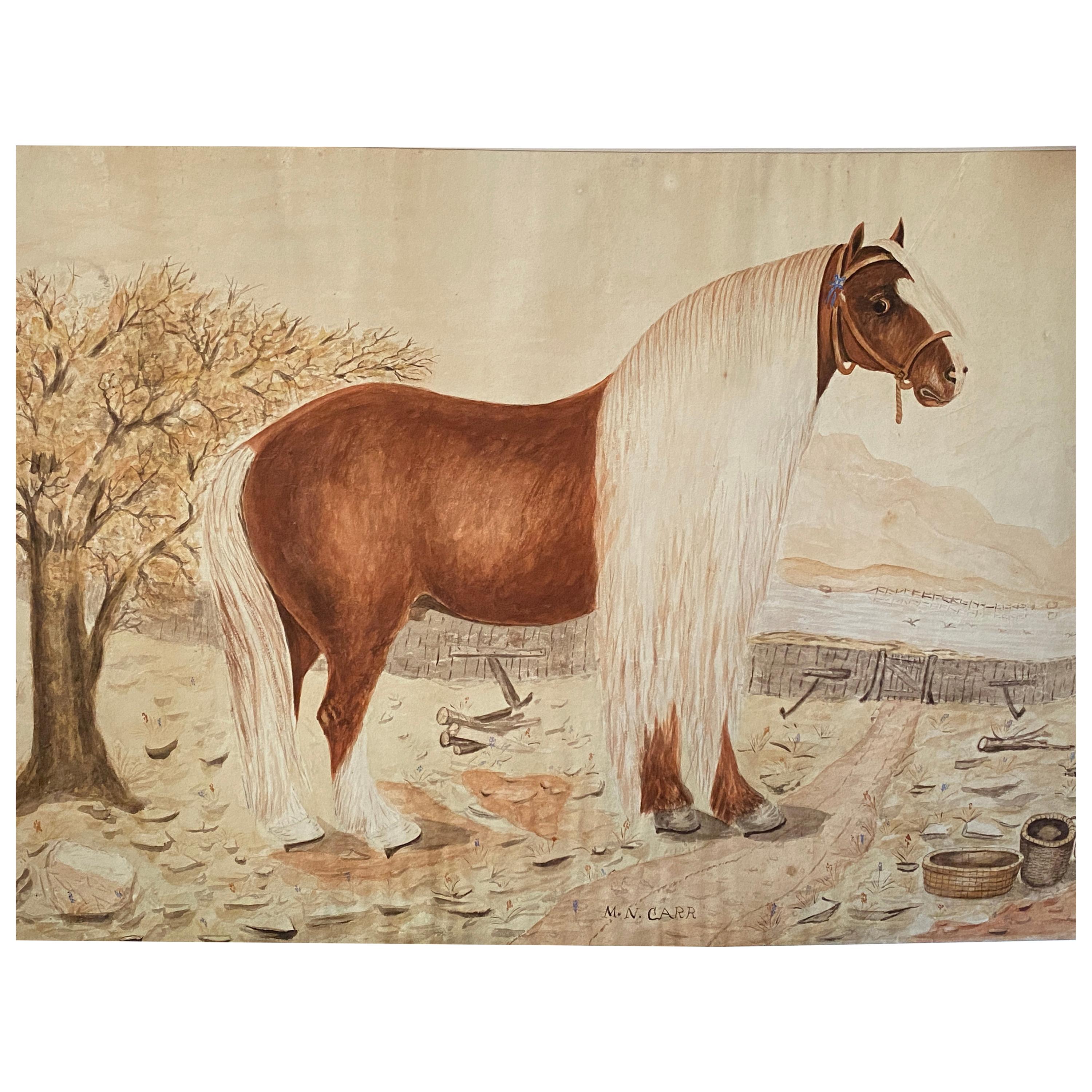 Massive British Watercolor of a Barge Horse Named Bob, Signed M.N. Carr