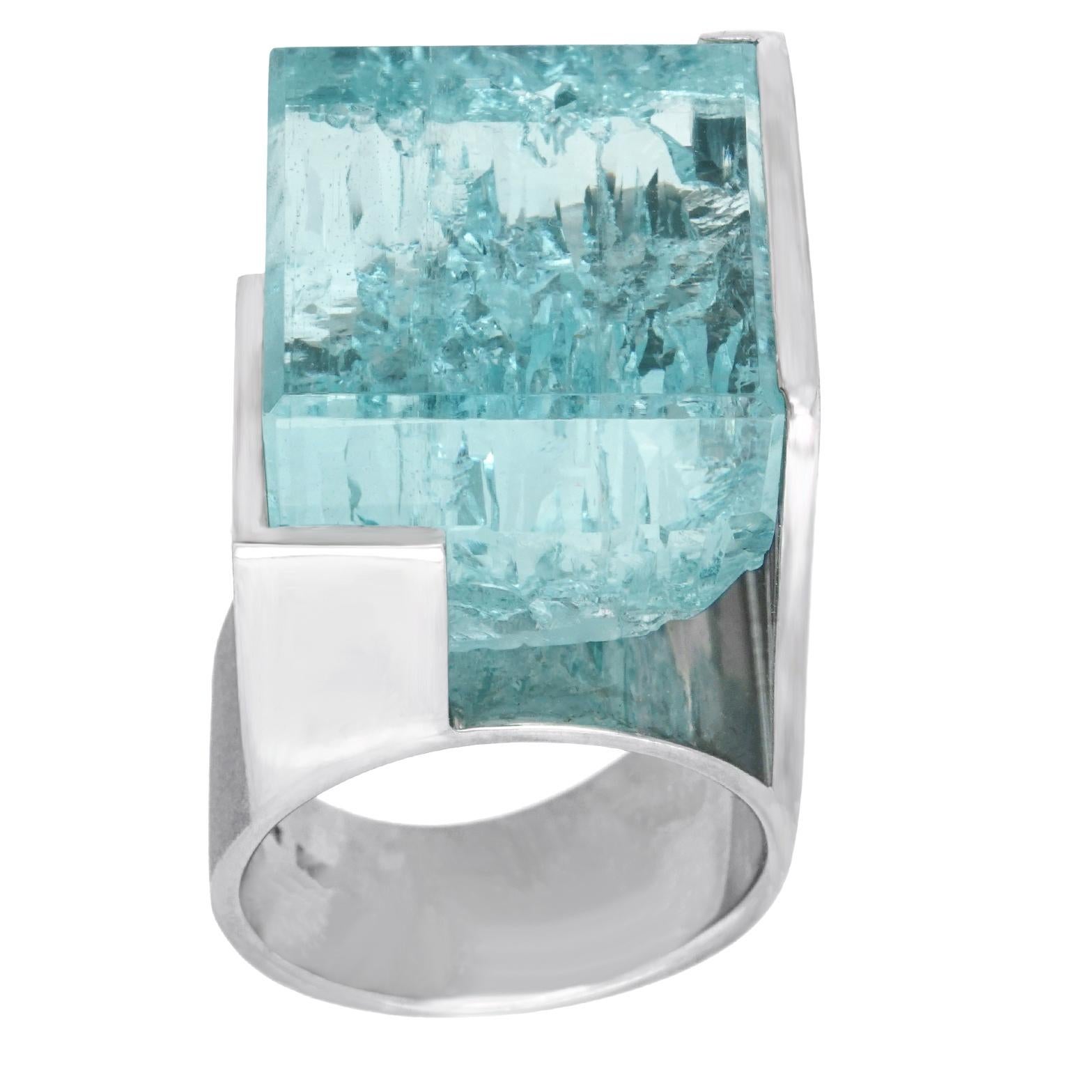 Rough Cut Massive Brutalist Aquamarine Ring For Sale