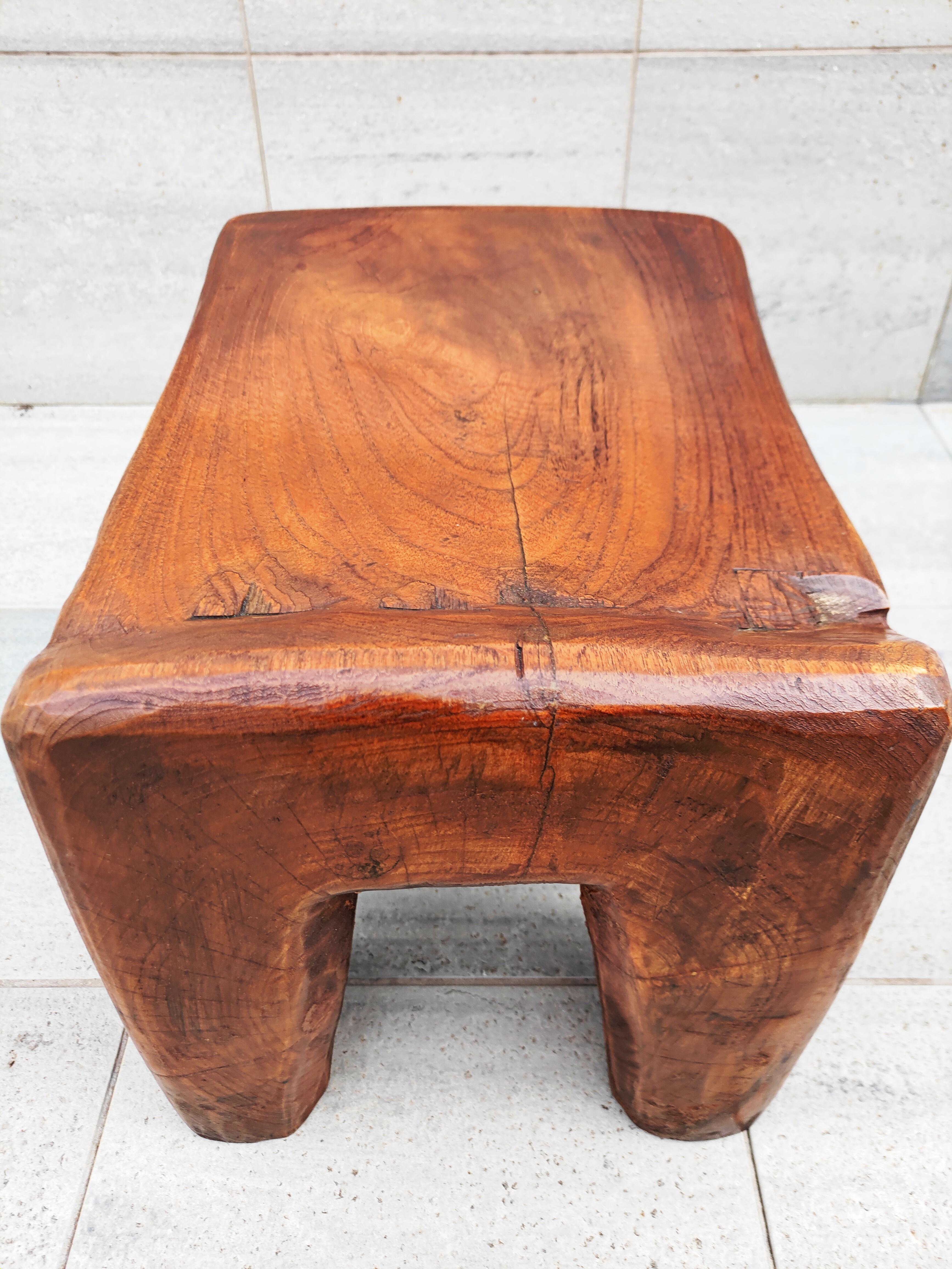 Massive Brutalist Olive Wood Stool, Spain, 1960s 4