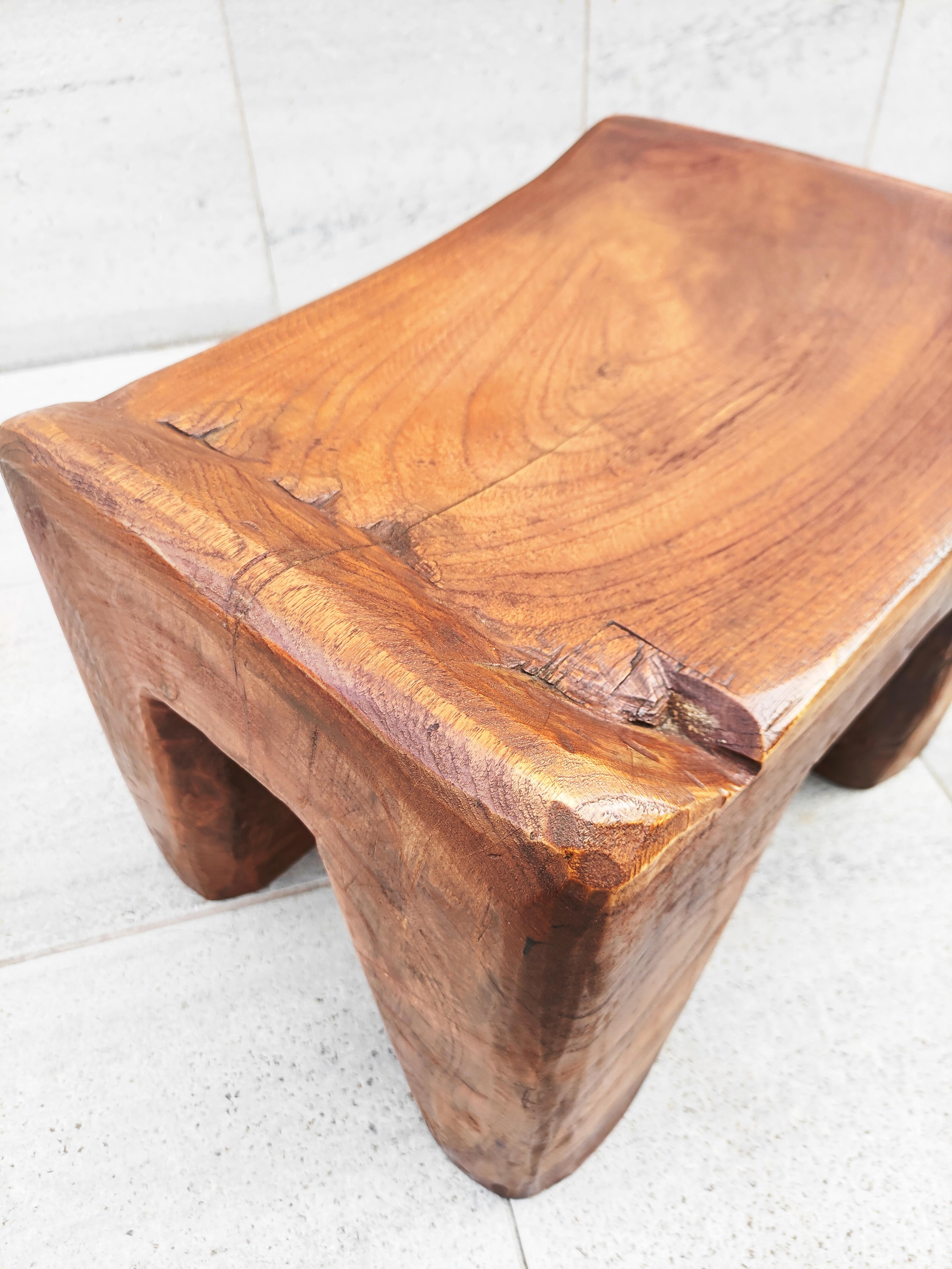 Massive Brutalist Olive Wood Stool, Spain, 1960s 7