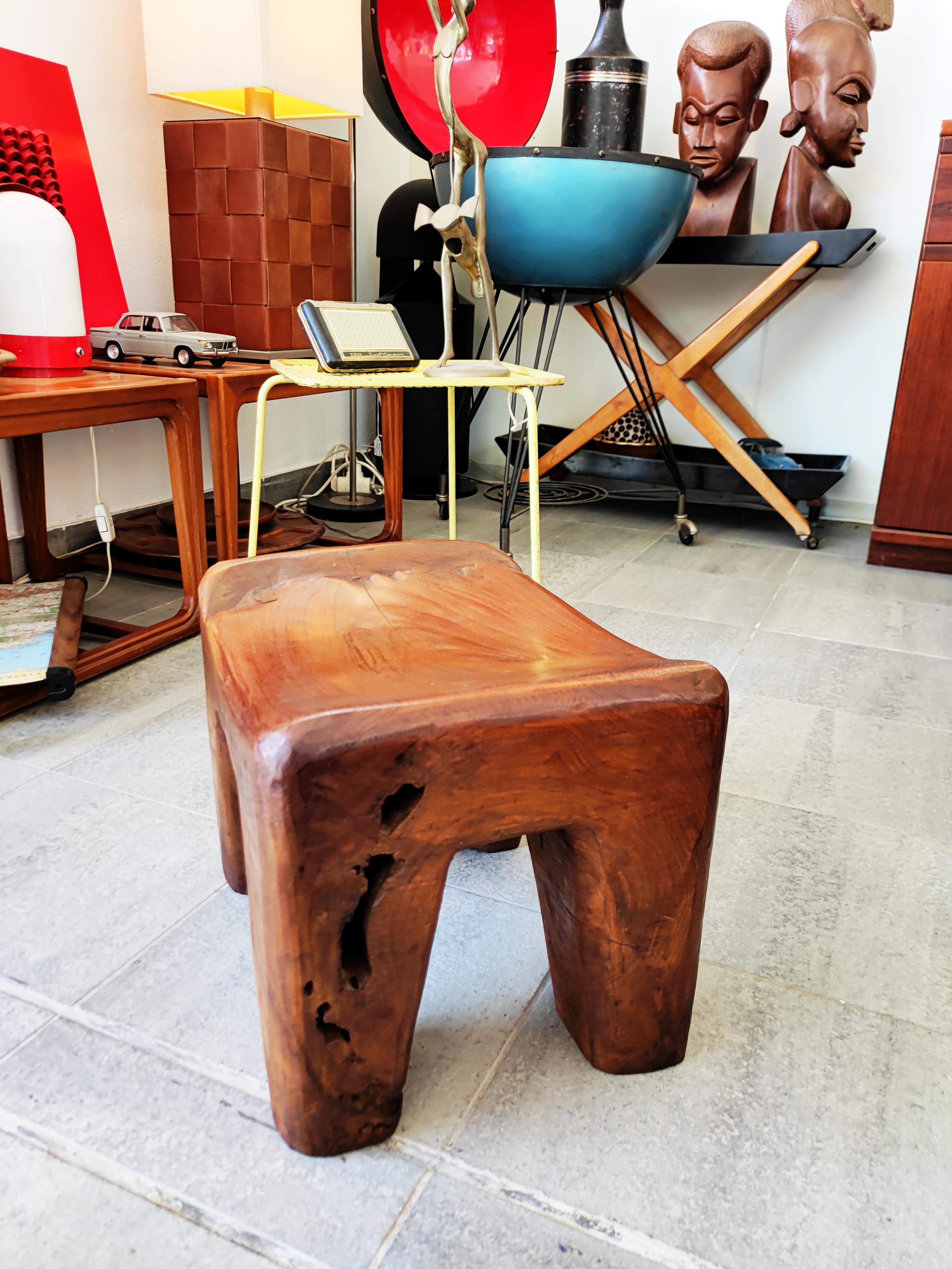 Massive Brutalist Olive Wood Stool, Spain, 1960s 9