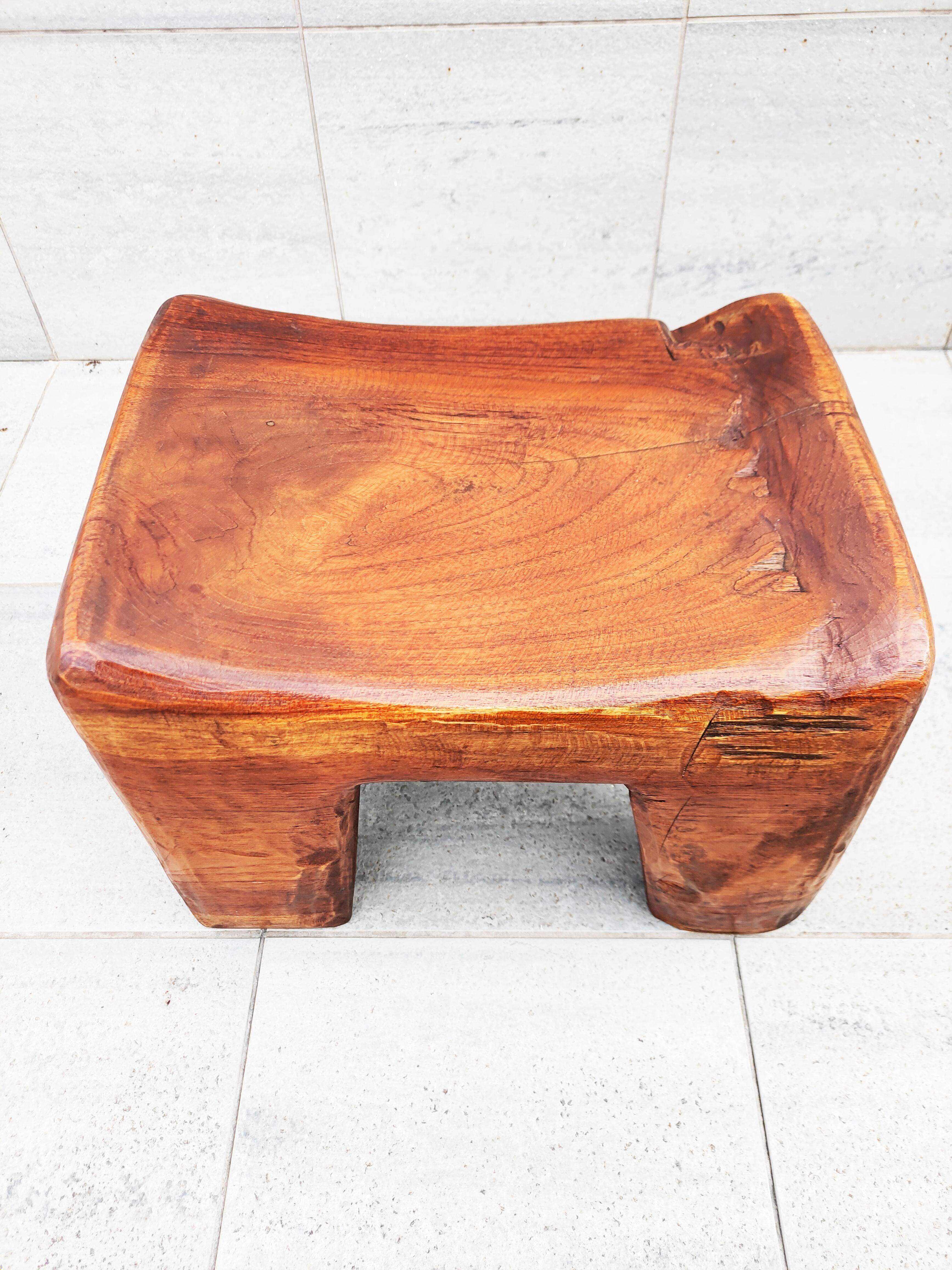 Spanish Massive Brutalist Olive Wood Stool, Spain, 1960s