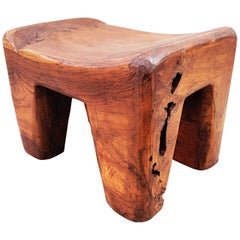 Massive Brutalist Olive Wood Stool, Spain, 1960s