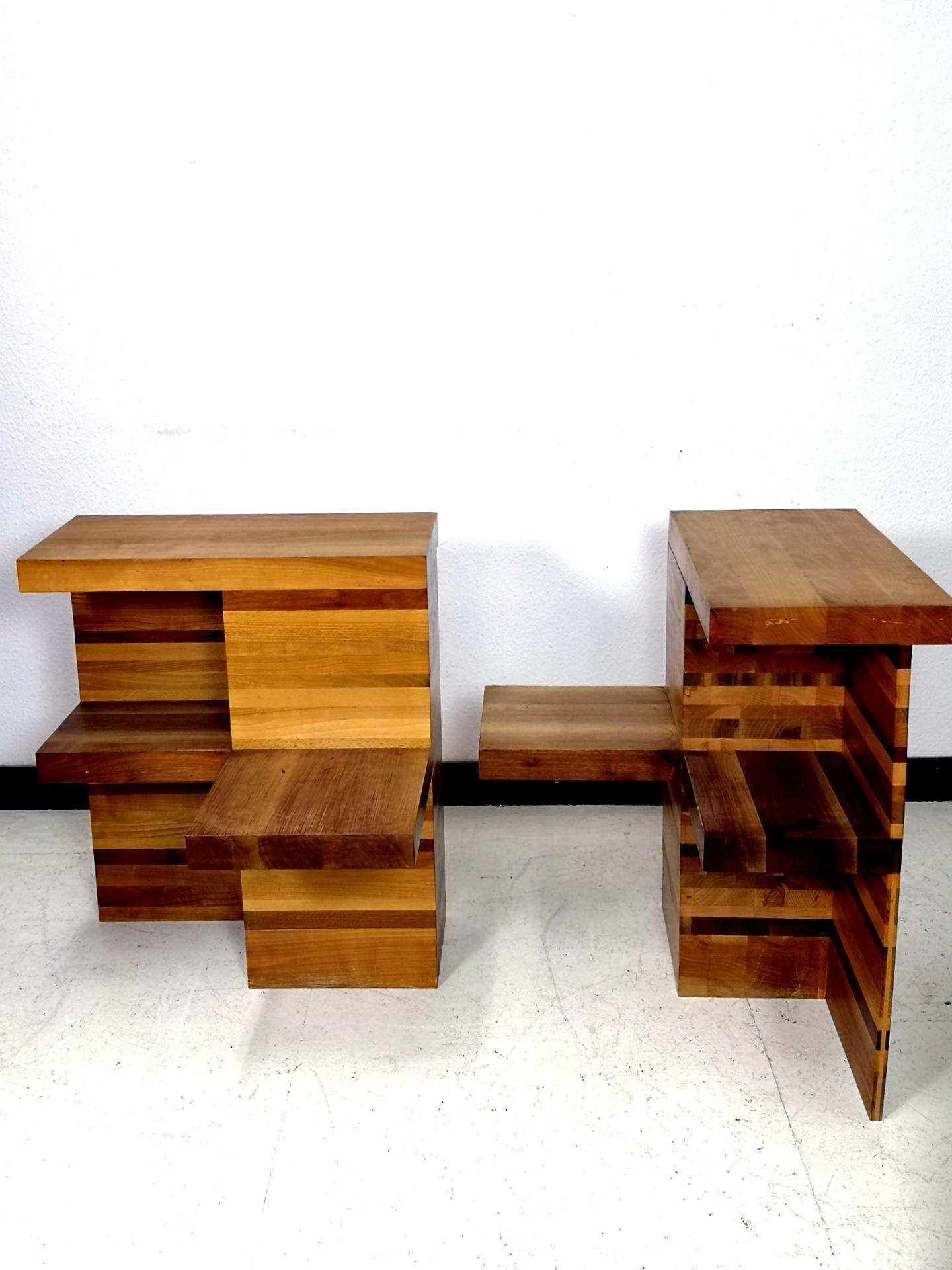 Specially designed Brutalist nightstands from circa 1970s in Brutalist style made of hardwood mixtures.