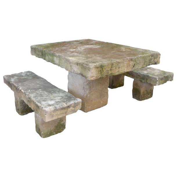 Massive Cast Stone Slab Outdoor Table and Bench Set at 1stDibs | stone ...